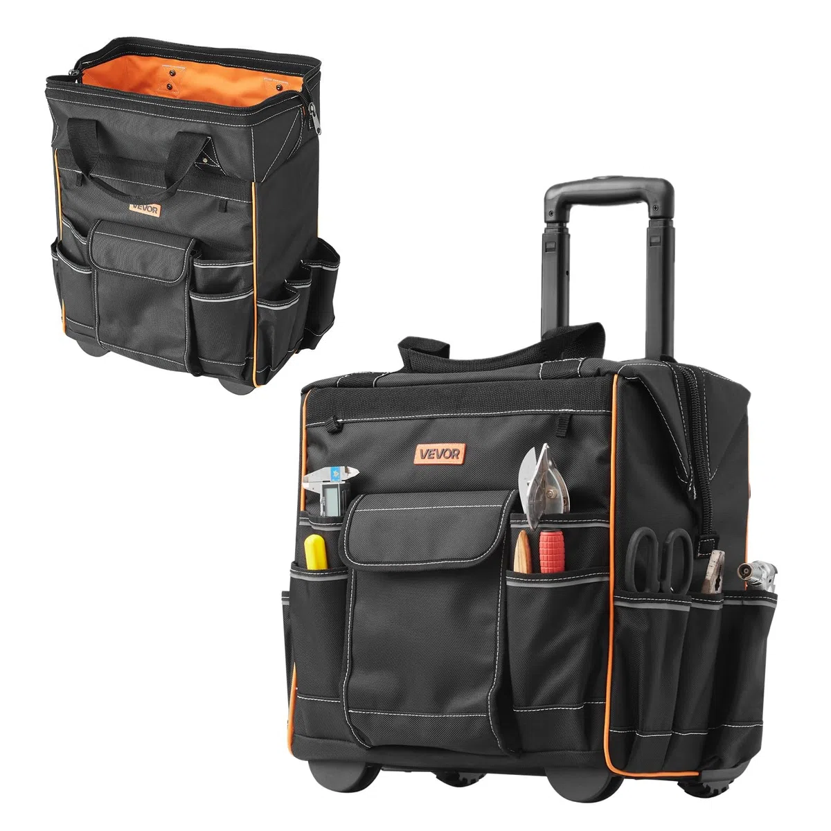 VEVOR Mochila con Ruedas de 39 x 29 x 42 cm Capacidad de Carga de 50 kg, Mochila de Herramientas Resistente con 25 Bolsillos, Asa Telescópica Ajustable y Base Estable para Construcción y Mecánico