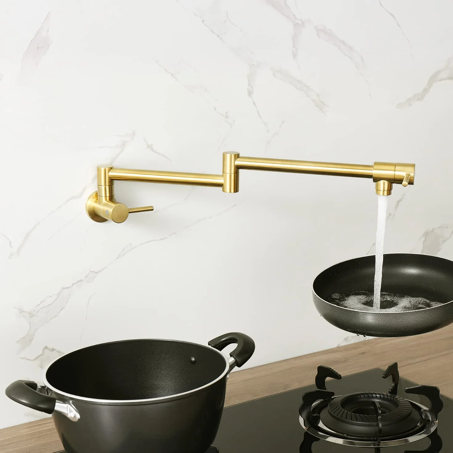 Grifos plegables para llenado de ollas, grifo de cocina de latón macizo, brazo oscilante plegable, oro cepillado, moderno, grifo de fregadero de cocina, plegable, elástico, con un solo