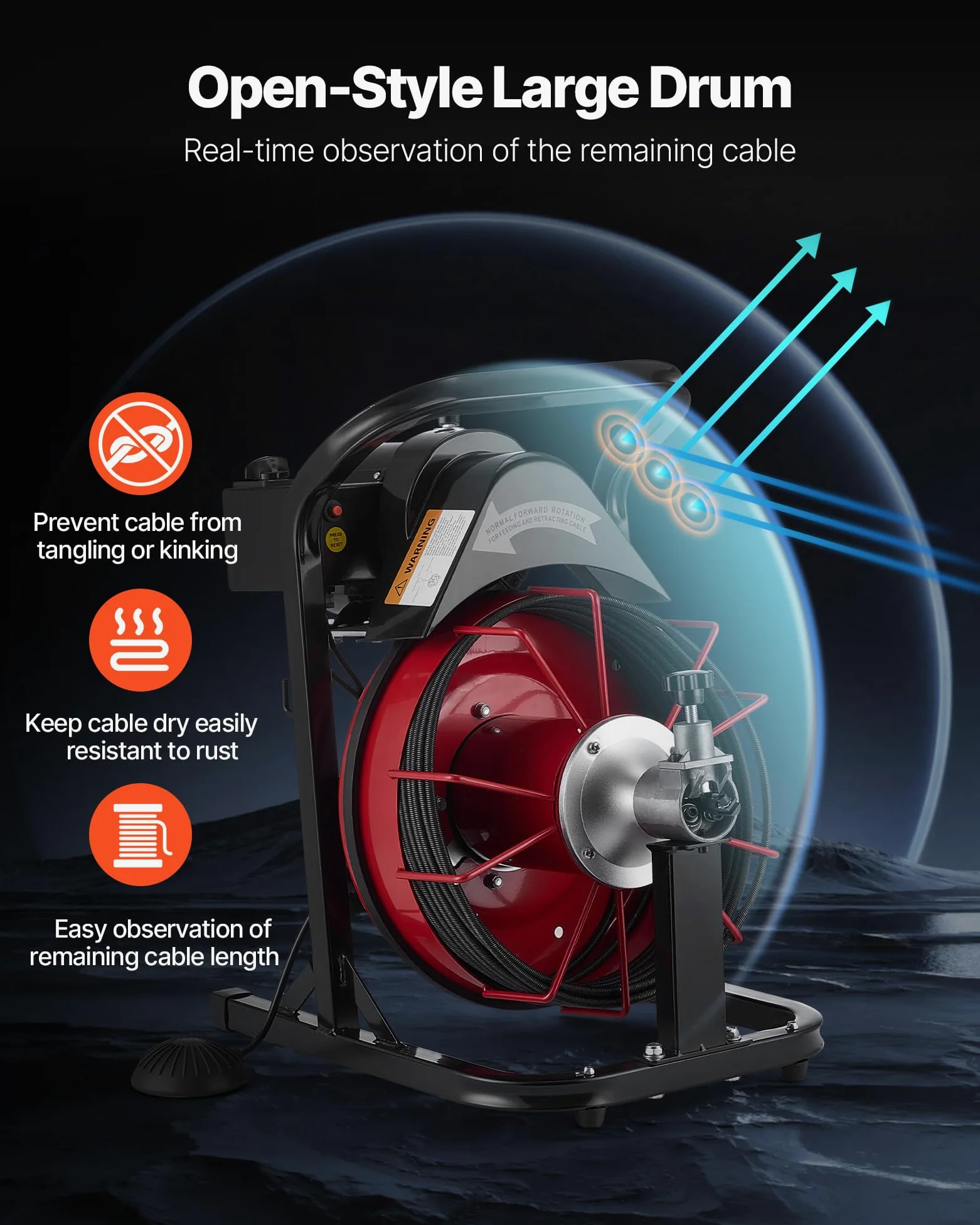 VEVOR Desatascador de Desagües Eléctrico 15m x 8mm Máquina de Limpieza de Tuberías con Alimentación Automática Interruptor de Pedal Neumático Limpiador de Tubos de Drenaje para Tuberías de 5-10 cm