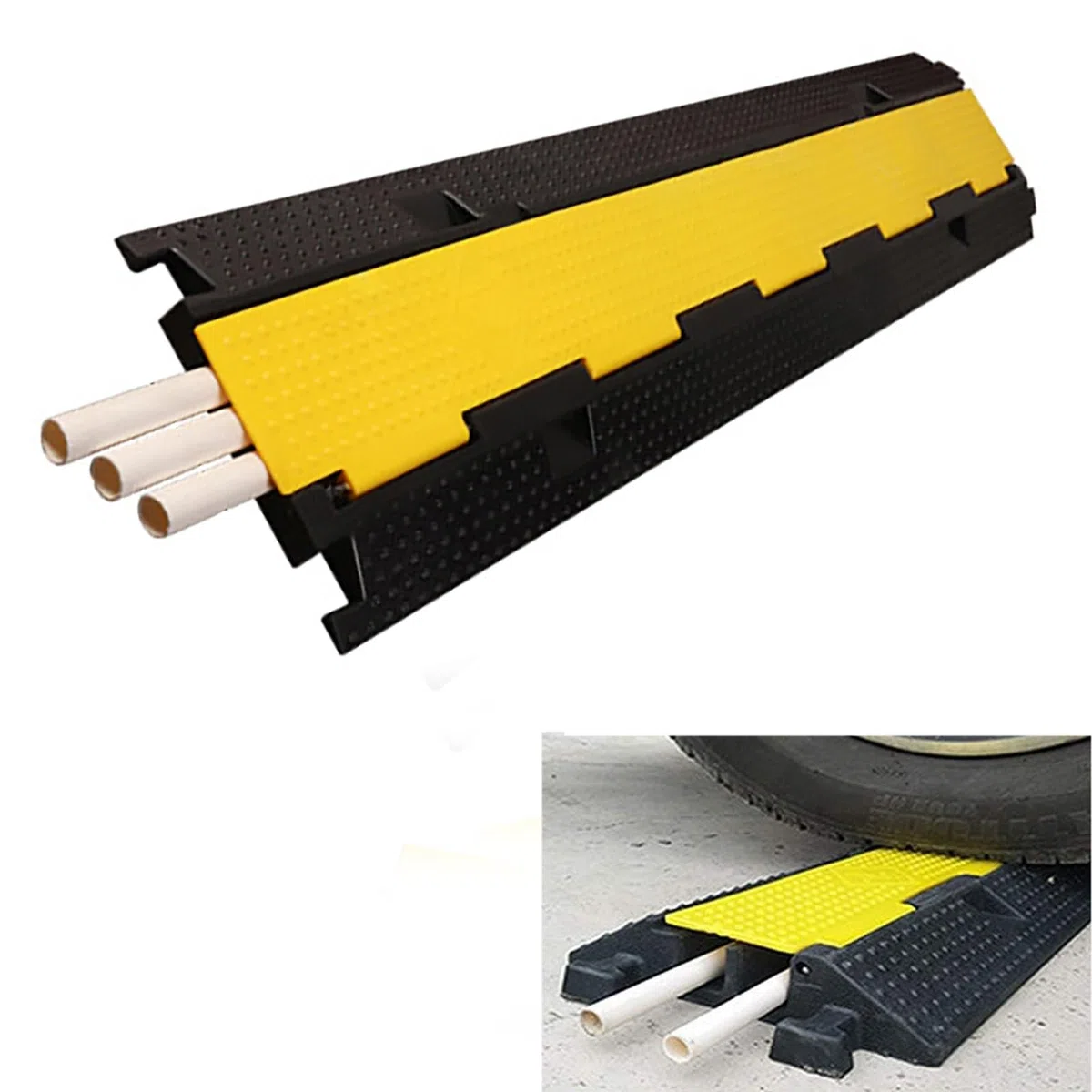 Rampa Protectora de Cables, 1 Canal, Canaletas para Cableado, Evita Riesgos de Tropiezo para Oficinas en el Hogar O Entornos al Aire Libre, Cubierta de Cables de Goma con Tapa de Plástico Amarilla ( C