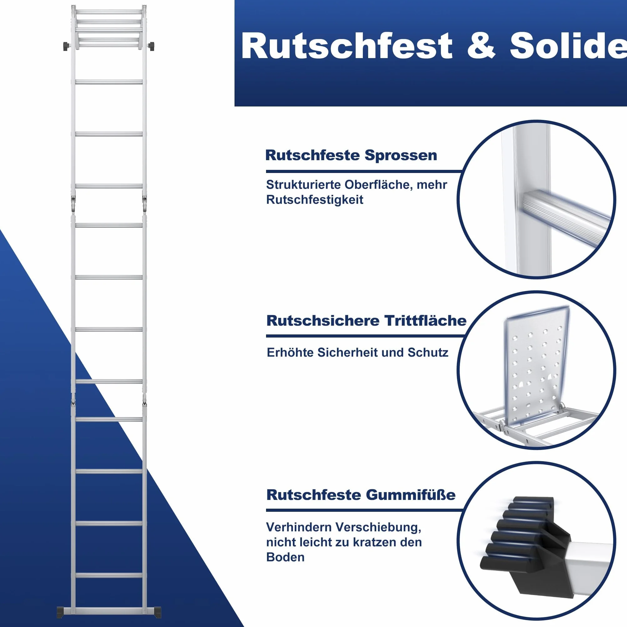 Froadp Escalera multiusos 6 en 1, 4,7 m, plegable, de aluminio, con 2 ruedas y plataforma, multifunción, soporta hasta 150 kg