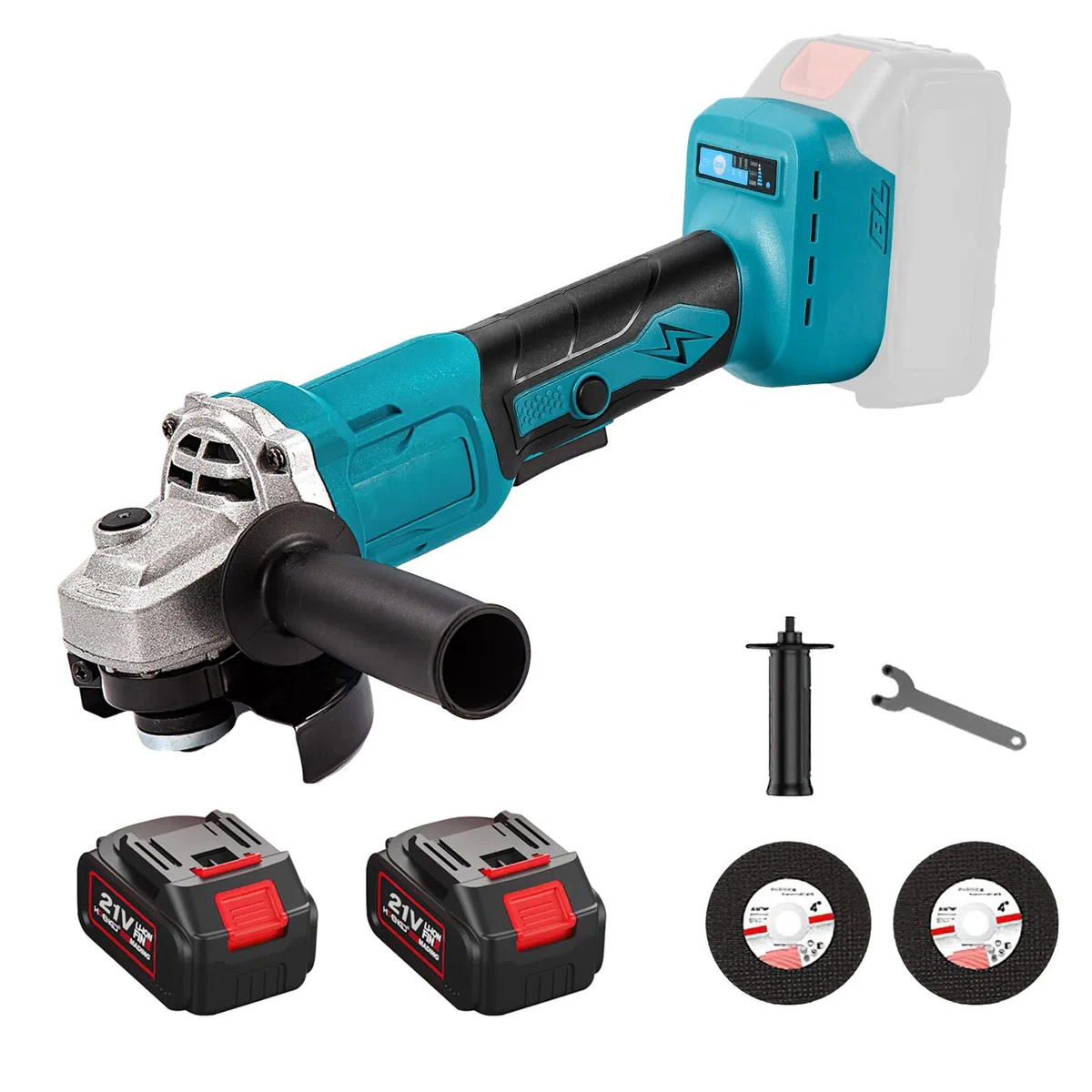 Amoladora angular con batería de 21 V, con 2 baterías de 4,0 Ah, velocidad de ralentí 13000 rpm, lijadora flexible con batería de 125 mm, 3 velocidades, sin escobillas, para lijar, cortar y pulir