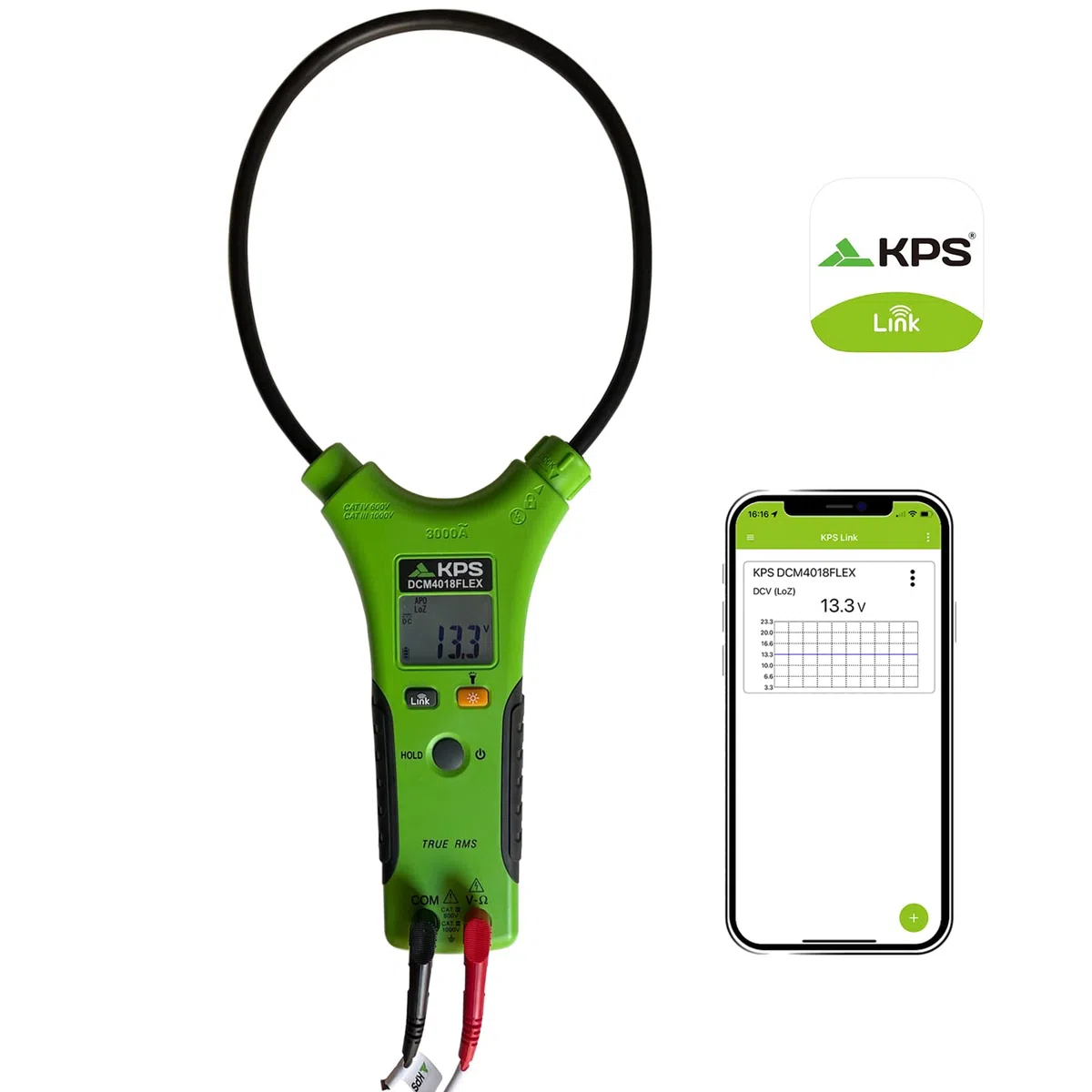 KPS-DCM4018FLEX Pinza Amperimétrica Flexible TRMS Corriente AC 3000A y Tensión AC/DC 1000V 10.000 Cuentas con Conexión Bluetooth
