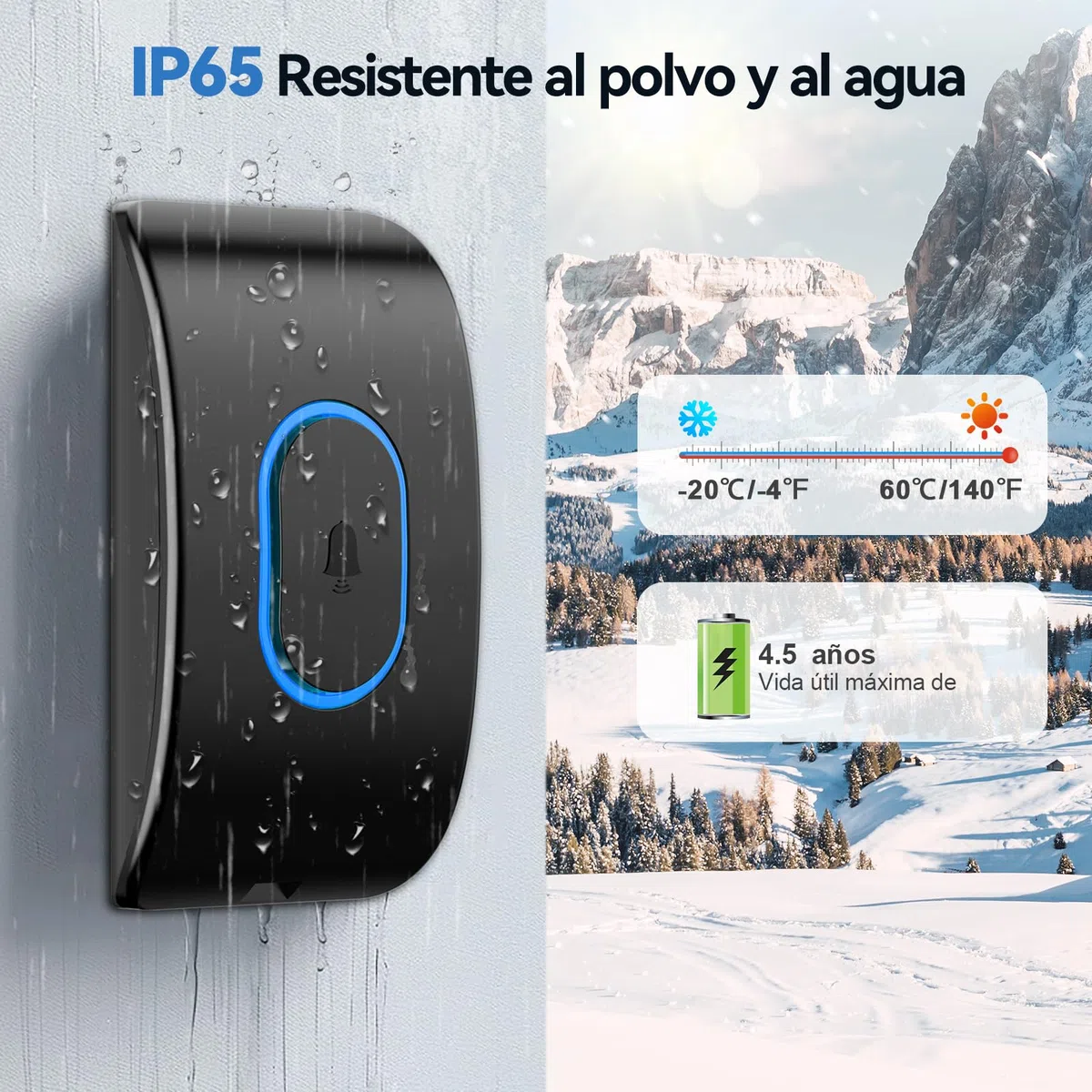 TECKNET Timbre Inalámbrico Exterior Impermeable con 3 Receptores Enchufables, IP65 Impermeable Doorbell 400M, 60 Melodías & 5 Niveles de Volumen, 3 Modos de Trabajo, Indicador LED, Negro