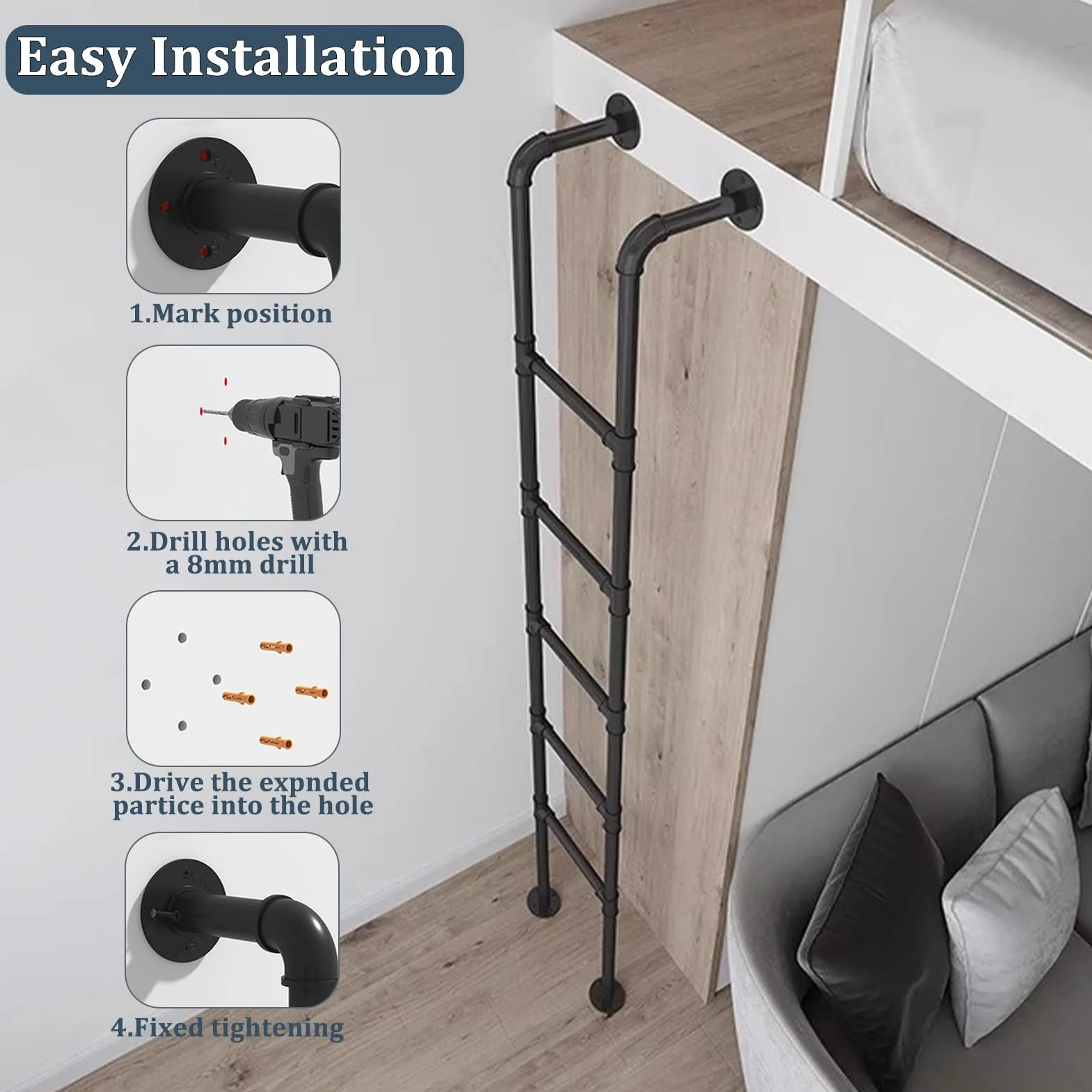 Escalera para litera de pie, 71"/75"/79''/83"/87"/91" Escalera de reemplazo de cama de metal Escalera de escalada universal Escaleras rectas tipo loft multiusos, tamaño personalizable(110cm/43in)