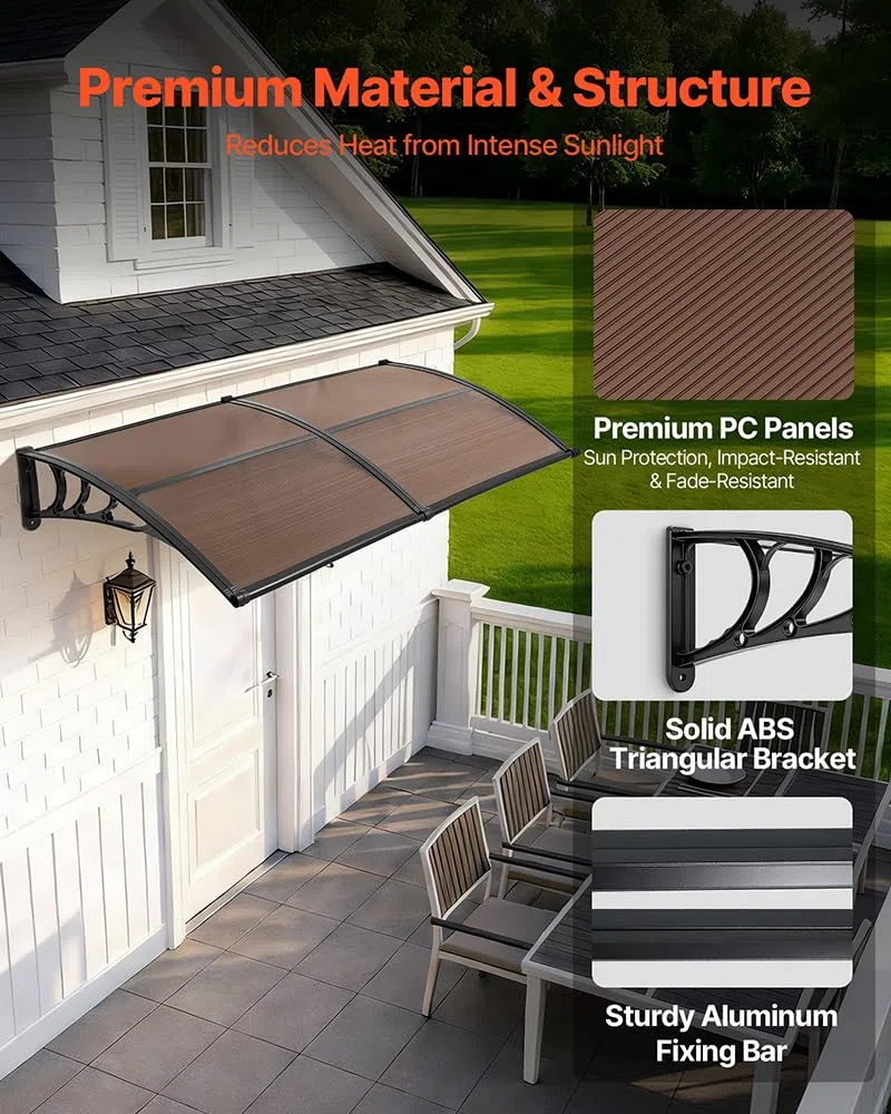 VEVOR Toldo para Puertas y Ventanas con Drenaje 198,7x96,5 cm, Tejadillo de Protección para Entrada con Soporte de ABS, Protección contra Lluvia, Sol, Toldo de Policarbonato para Porche, Marrón