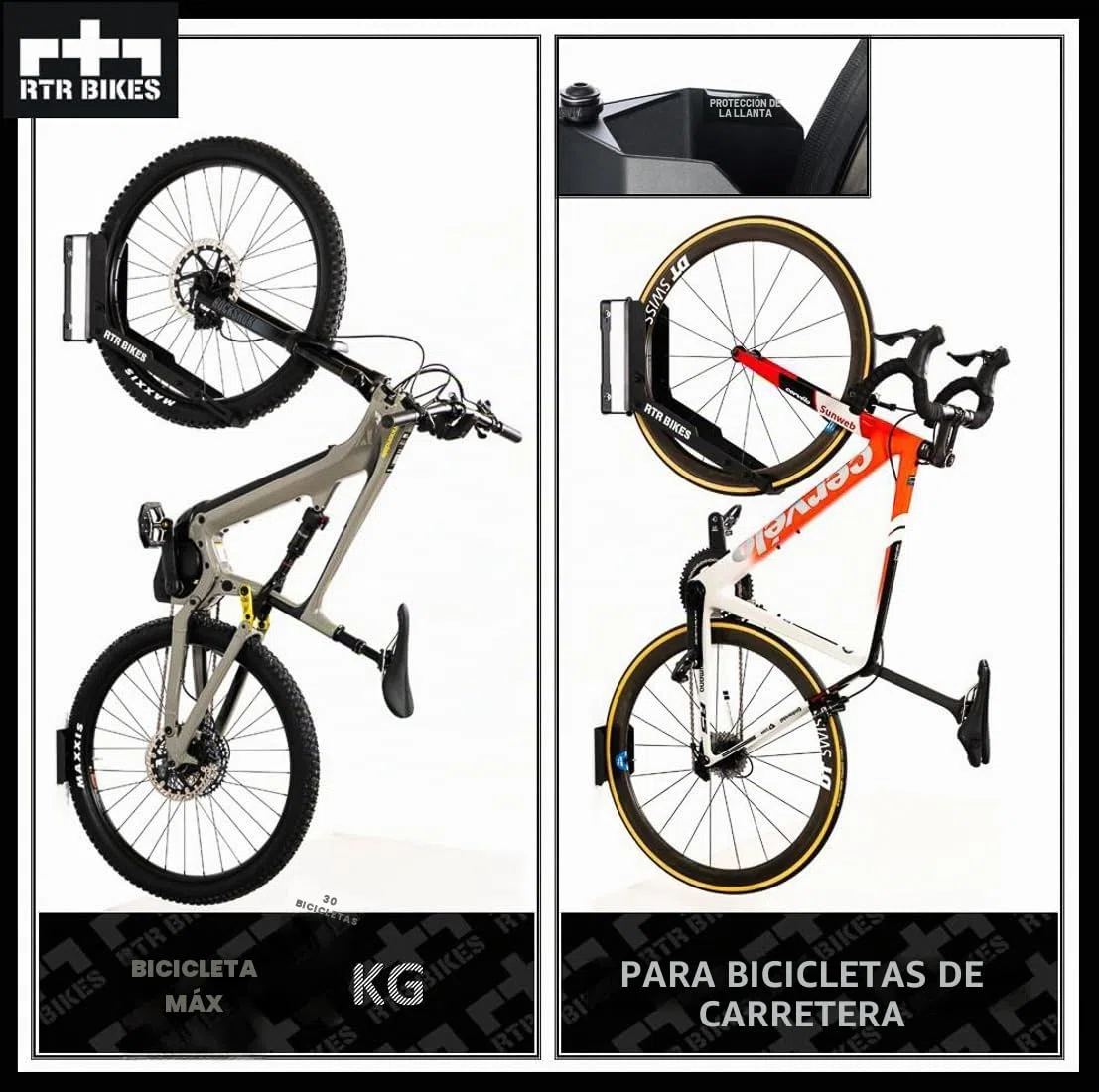 RTR BIKES Kranked Twist Soporte Bicicleta Pared Giratorio – Colgador Vertical Rotativo 180° – para E-Bikes y MTB hasta 30kg – Ruedas 24-29" – Ahorra Espacio – Hecho en UE