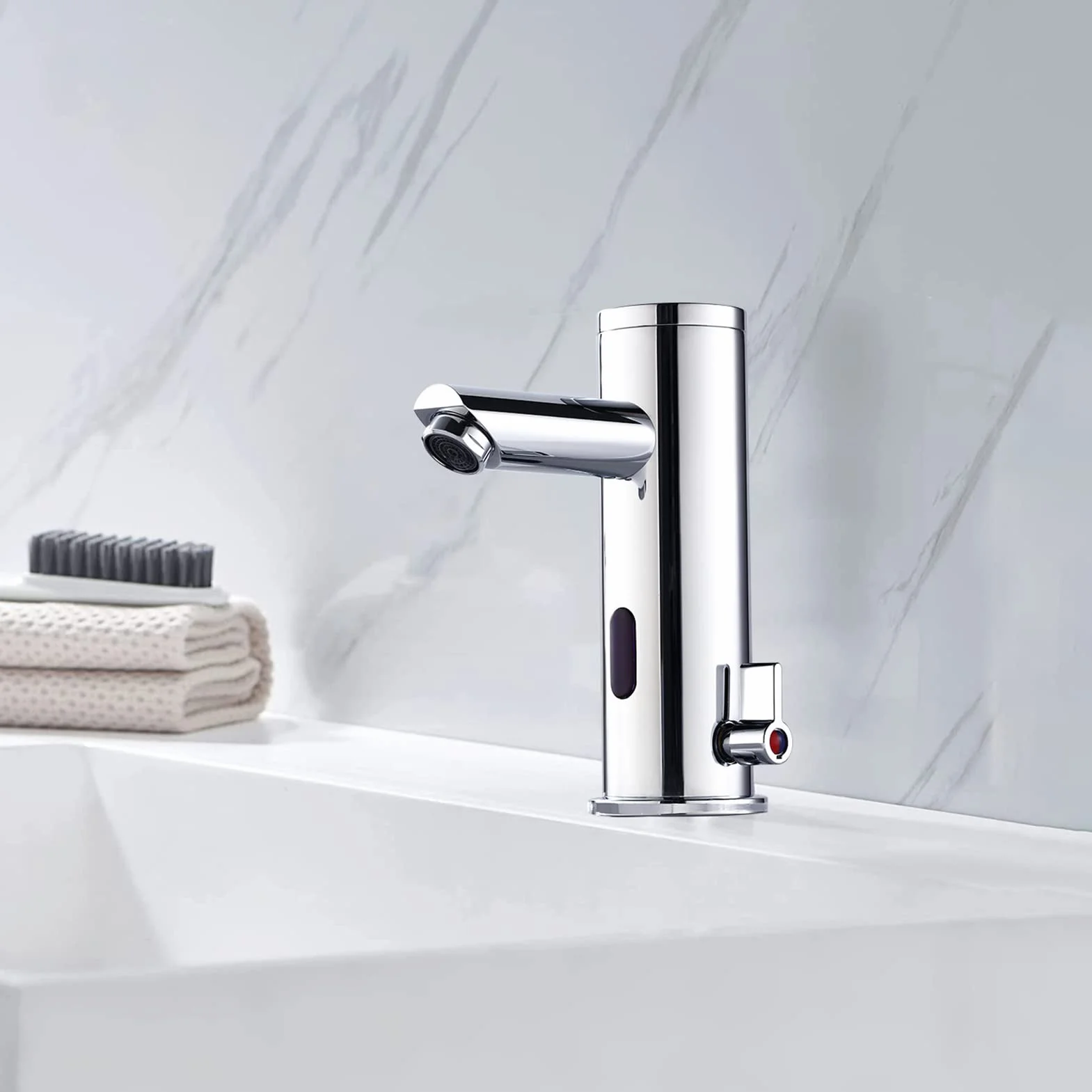 Achelous Grifo de Lavabo Automático con Sensor Infrarrojo, Grifo Automático Sin Contacto Agua Caliente y Fría Mezclador Lavabo de Latón para Baño de Pilas Cromado