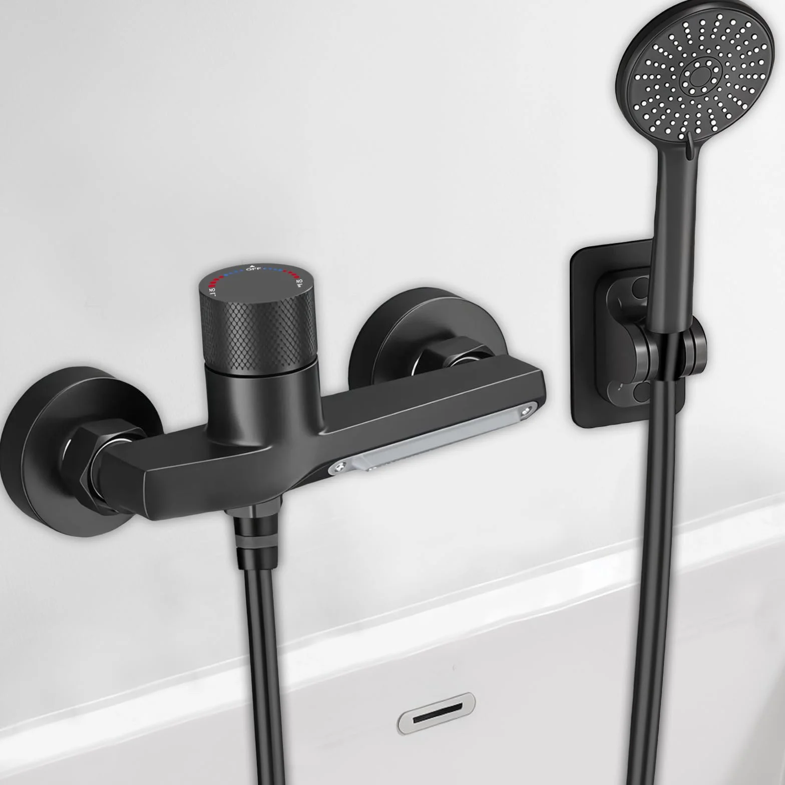 Grifo Bañera Negro en Cascada, Grifo Mural de Latón para Ducha y Baño, con Ducha de Mano de 3 Modos, Mezclador Monomando para Bañera Universal 1/2" Salida Inferior, con Soporte y Manguera de 1,5 m