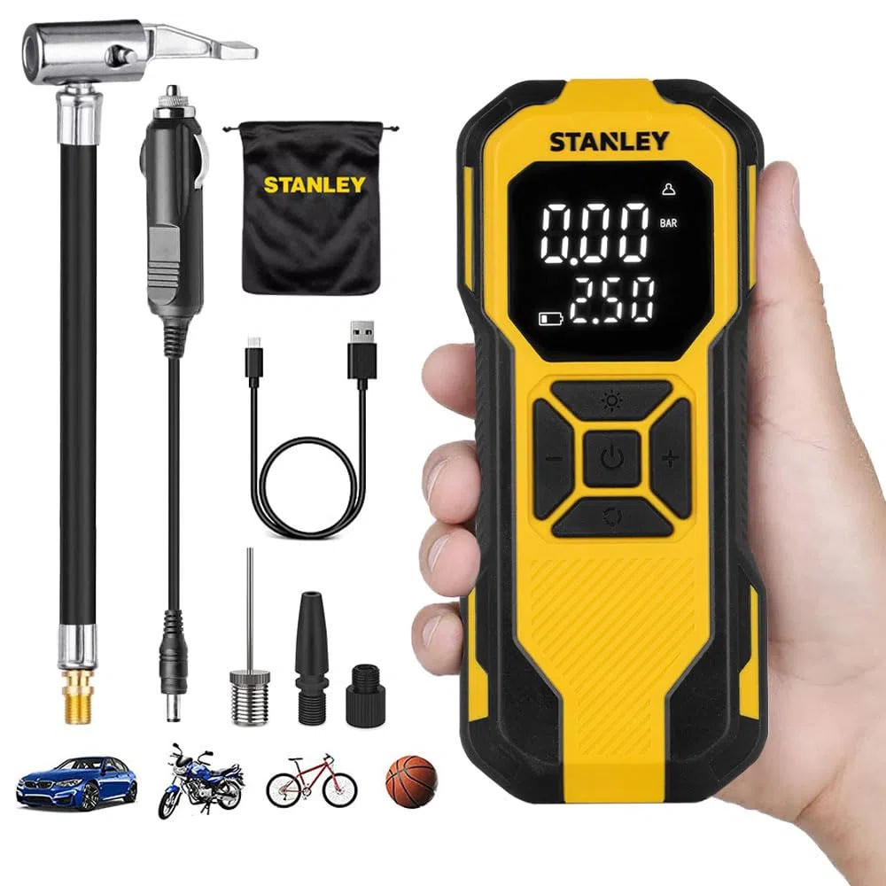 STANLEY - Inflador de aire mini inalámbrico, bomba portátil de 12V para neumáticos de coche y bicicleta, manómetro digital y luz LED, diseño compacto, amarillo
