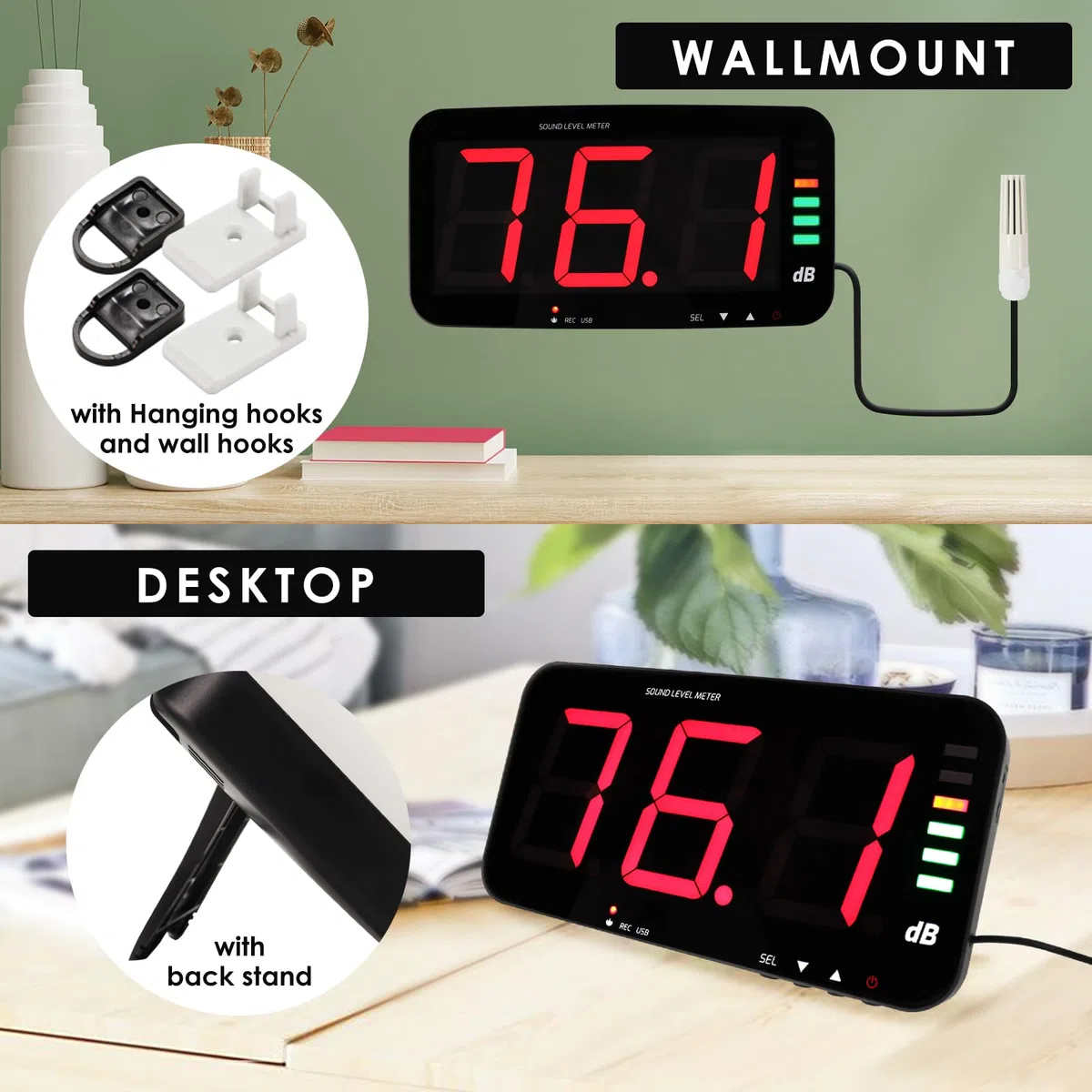 Medidor de Decibel, medidor de nivel de sonido para colgar en la pared, medidor de ruido con sensor de sonido de 16.4 pies, medidor de sonido de alarma audible y visual para monitoreo de nivel de