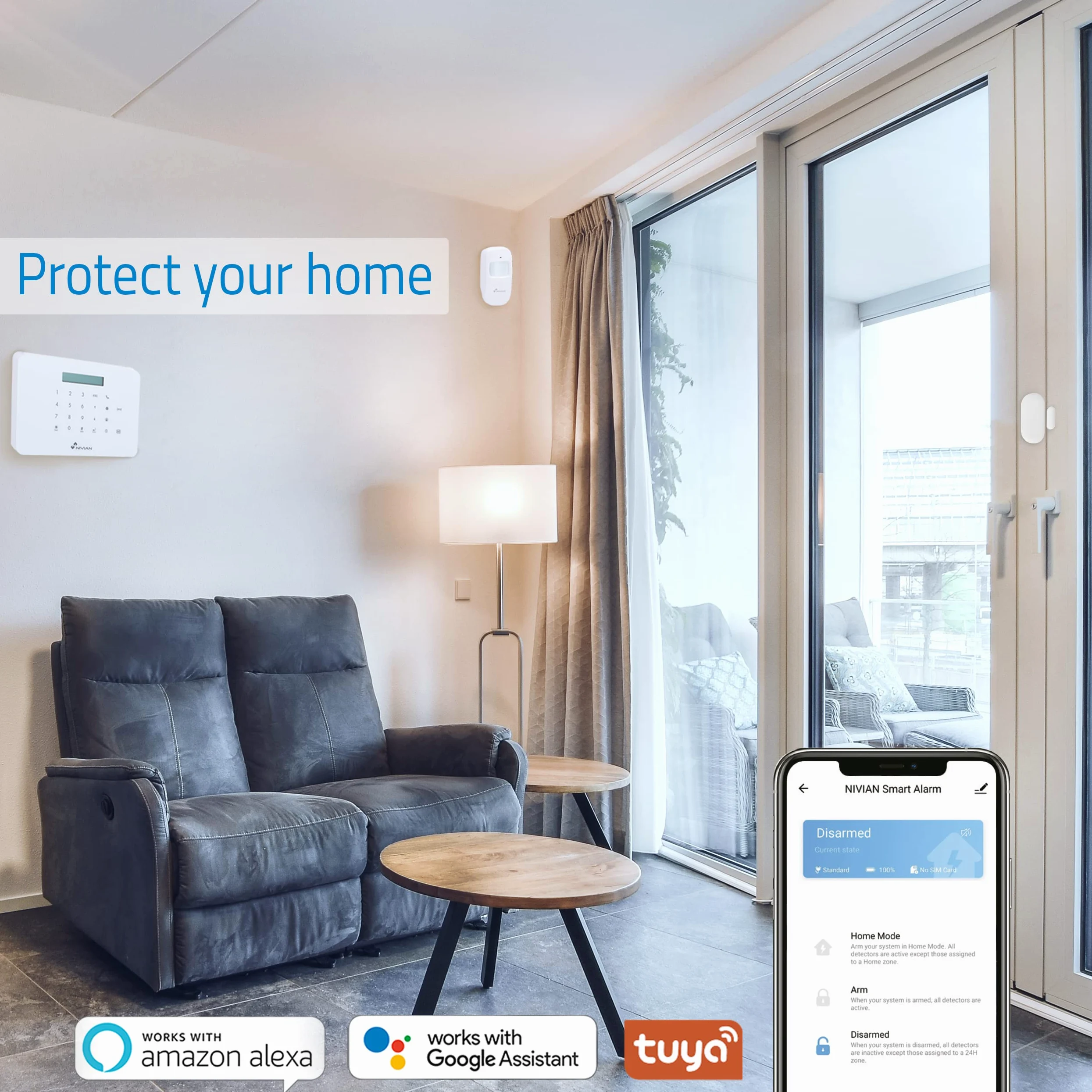 Nivian Sistema de Alarma antirrobo para hogar sin cuotas –WiFi/gsm–Kit Ampliable hasta 60 Dispositivos–LCD–Control Remoto a través de App Tuya-Fácil instalación P2P con QR-inalámbrica sin Cables