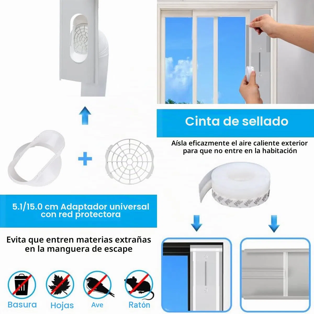Kit de ventilación de ventanas de aire acondicionado portátil, kit de ventana de CA portátil, longitud ajustable de 43 a 144 cm