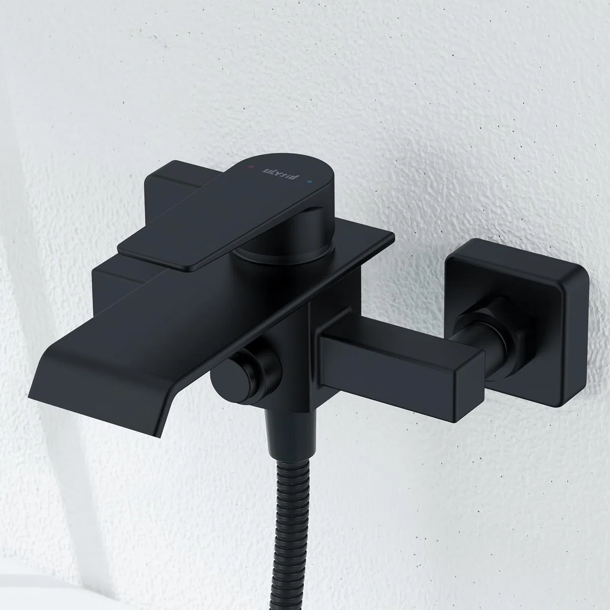 Grifo Bañera Negro en Cascada, Grifo Mural de Latón para Ducha y Baño, Mezclador Monomando para Bañera Universal 1/2" Salida Inferior, Fácil de Instalar