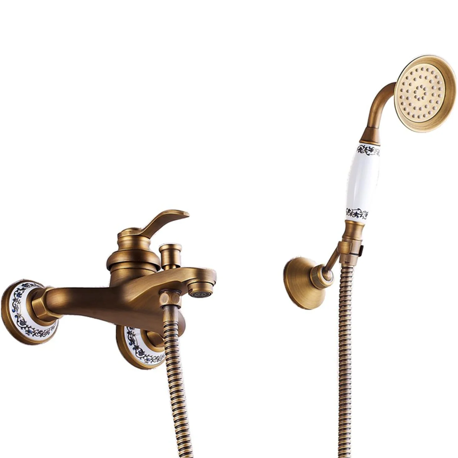 HomeLava Grifo de latón antiguo para bañera con ducha de mano, grifo de pared, diseño nostálgico