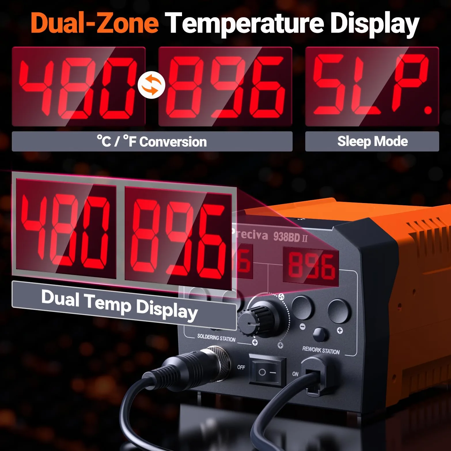 Preciva Estación de Soldadura 740W, 2 en 1 Soldador Estaño con Aire Caliente y Cautín, Doble Pantalla Digital, Función Reposo 10 Min, Lupa 5X con Luz, Pinzas Tercera Mano para Reparación Electrónica