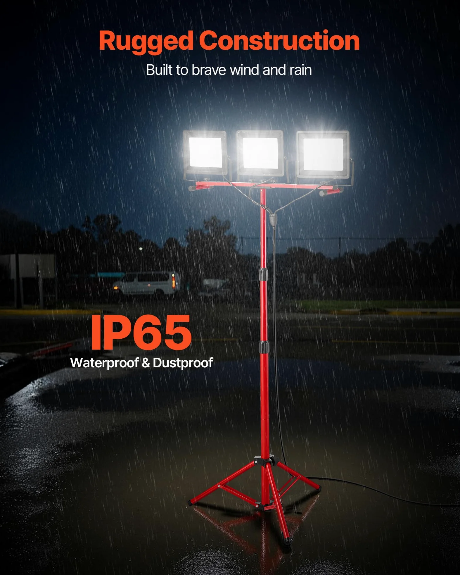 VEVOR Luz de Trabajo LED con Soporte, 15 000 Lúmenes, Luz de 3 Cabezales con Interruptor Individual, Trípode y Cable de Alimentación de 3,3 m para Obras de Construcción, Resistente al Agua IP65