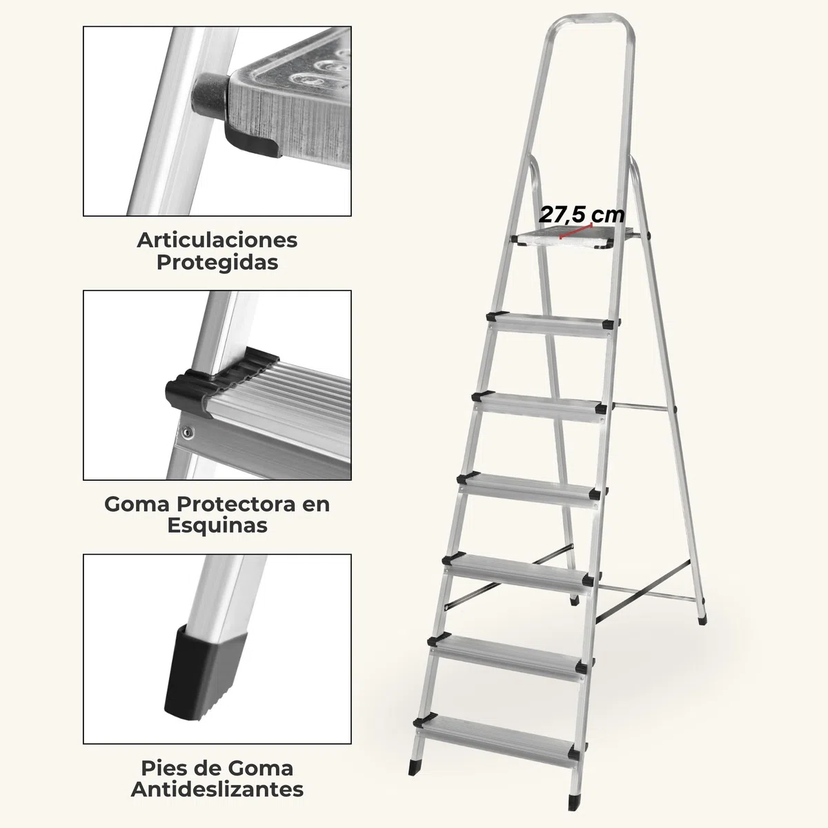 Escalera Plegable 7 Peldaños de Aluminio Homologada - Fabricada en Europa - Antideslizante, Resistente y Segura - Carga máx. 150 kg, Altura útil: 147 cm