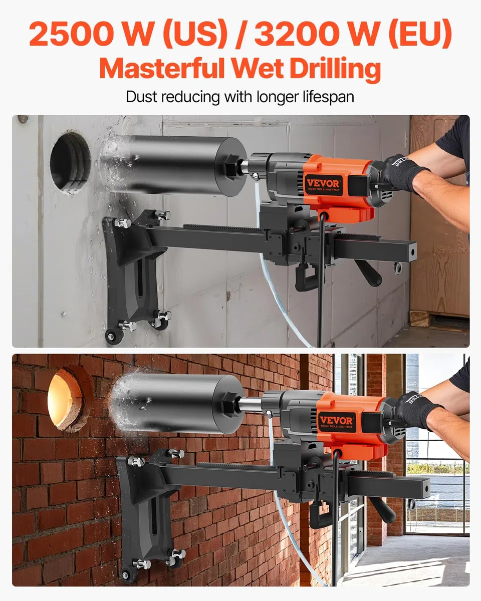 VEVOR Taladro de Diamante Diámetro Máximo de 26 cm Máquina Perforadora de Diamante Profundidad de 60 cm Taladradora Diamantina Húmeda 3200 W 750 rpm para Agujeros Construcción de Hormigón Armado