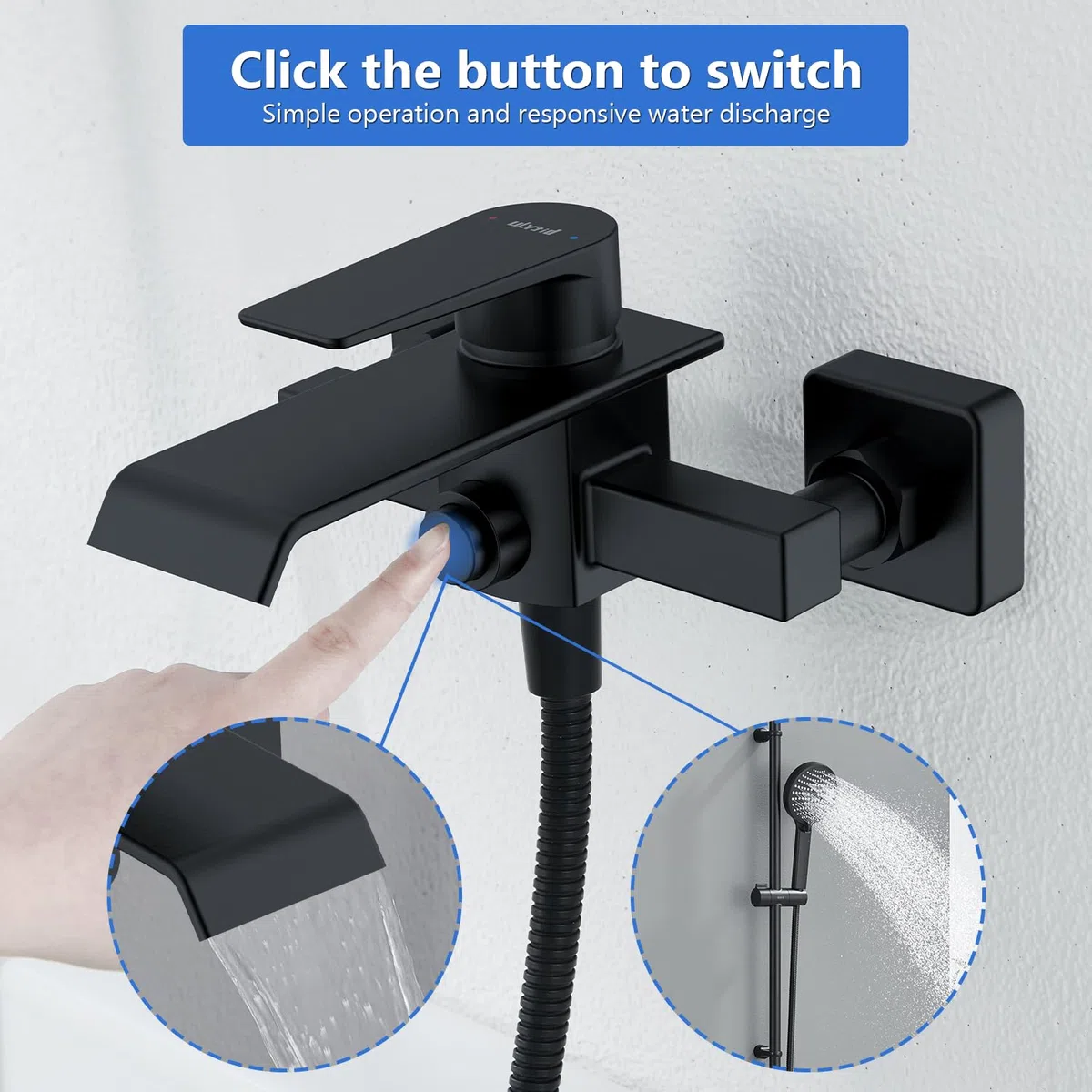 Grifo Bañera Negro en Cascada, Grifo Mural de Latón para Ducha y Baño, Mezclador Monomando para Bañera Universal 1/2" Salida Inferior, Fácil de Instalar