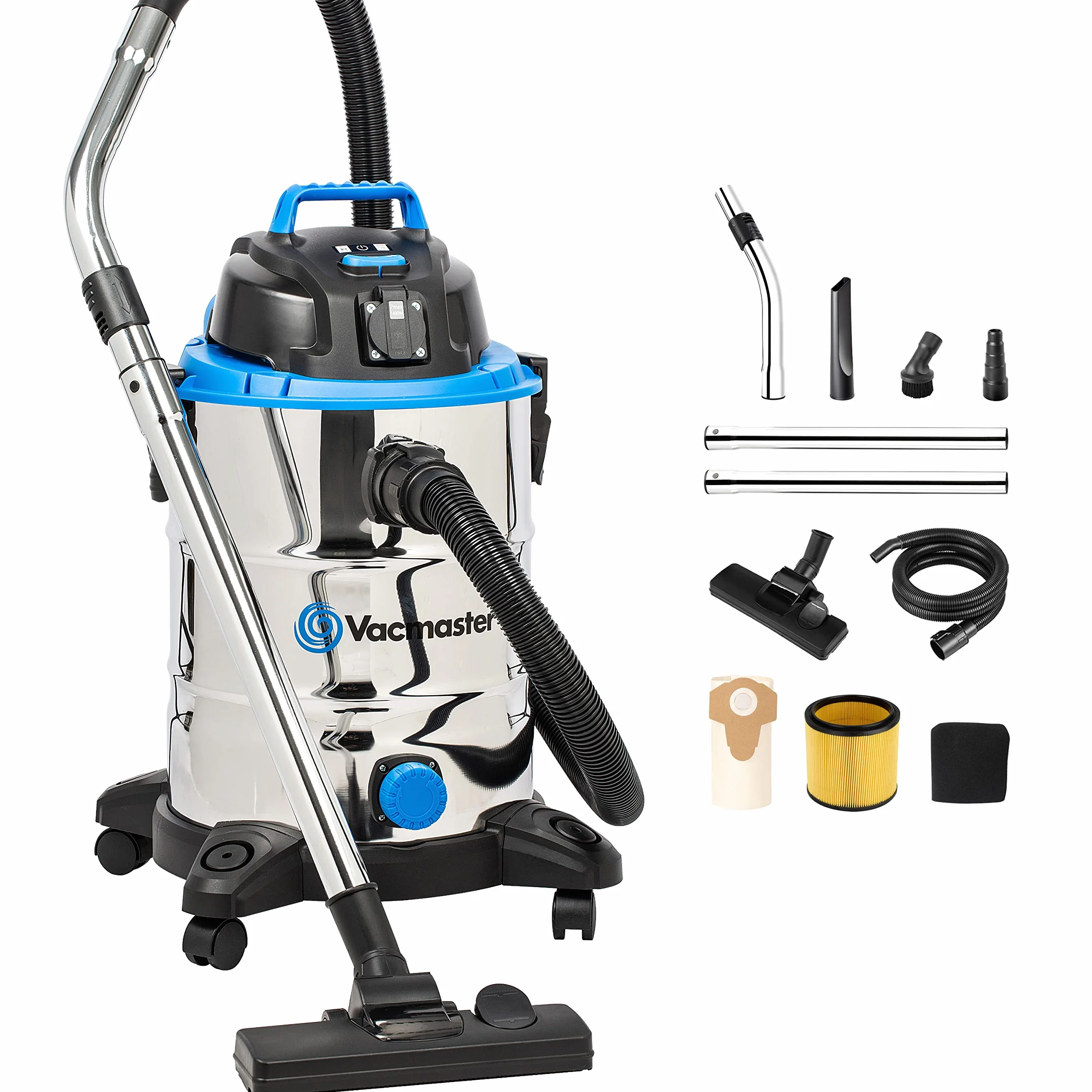 Vacmaster VQ1530SFDC 1500W 30L Aspirador en seco y húmedo, Industrial de Acero Inoxidable, Función De Soplador, Toma De Corriente con Herramientas Eléctricas