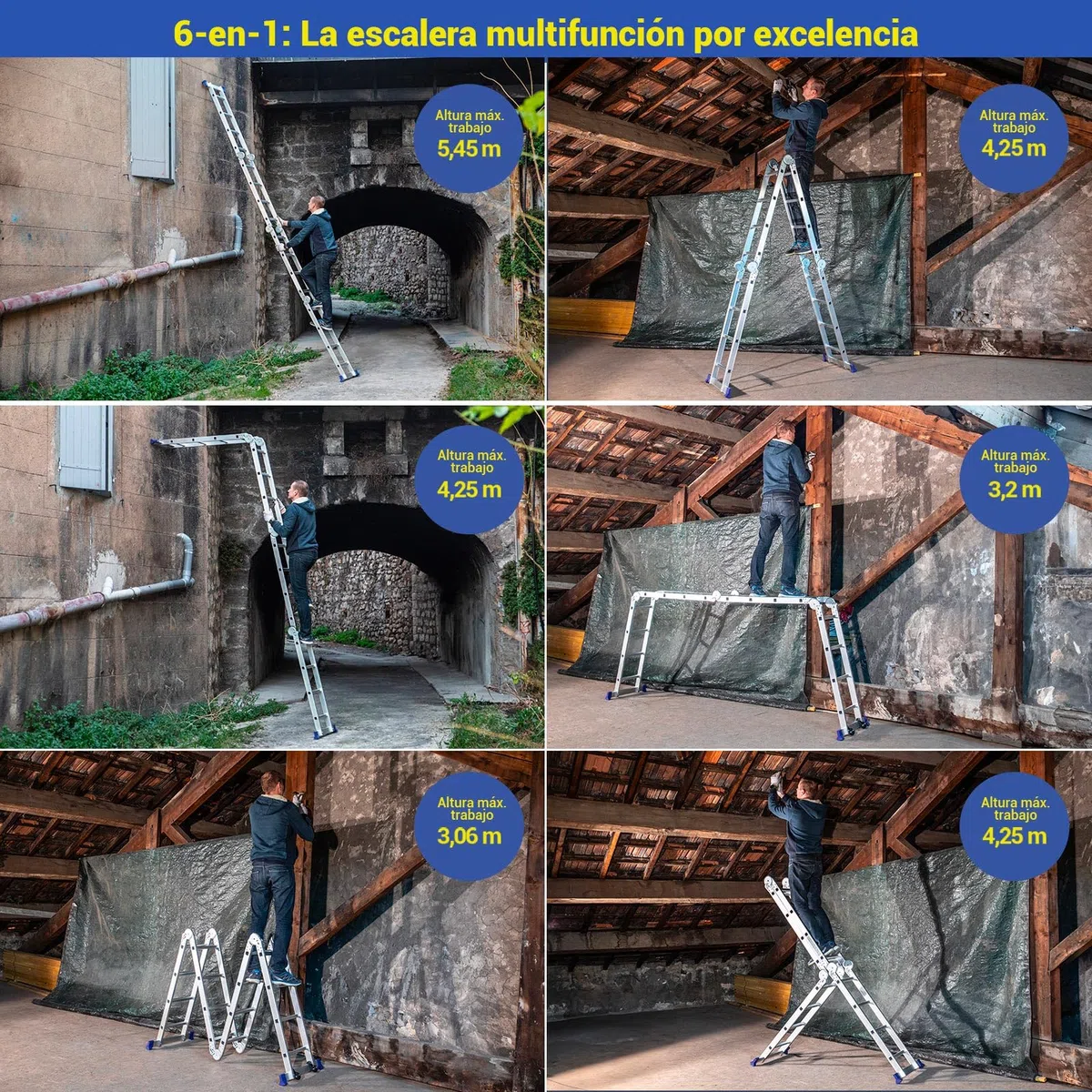 HOSTRÖM Escalera plegable articulada STAVALANCE 4x4 peldaños, andamio multifunción, escalera de tijera, 2 placas de plataforma de trabajo, garantía de 5 años