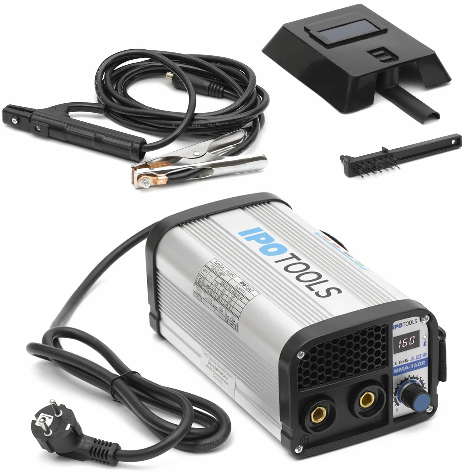 IPOTOOLS Dispositivo de soldadura MMA-160R con electrodos, inversor IGBT, dispositivo de soldadura MMA con 160 amperios, pantalla LCD digital, 230 V, antiadhesivo, arranque en caliente, Arc-Force