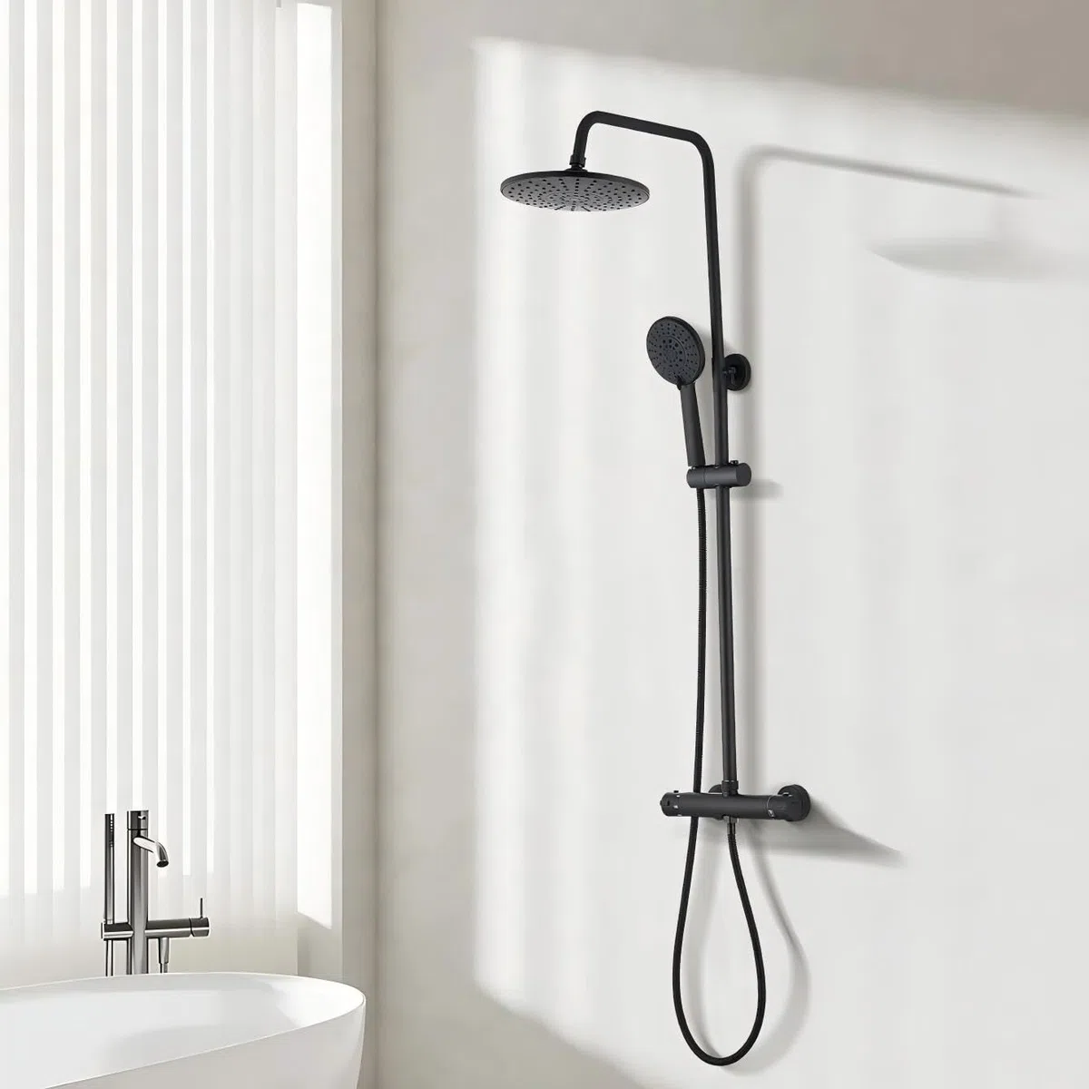 STANEW - Columna de Ducha Termostática, Conjunto de Ducha, Cuarto de Baño, Columna de Ducha, Termostato con Mezclador Ajustable en Altura, Sistema de Ducha (Negro(Redonde))