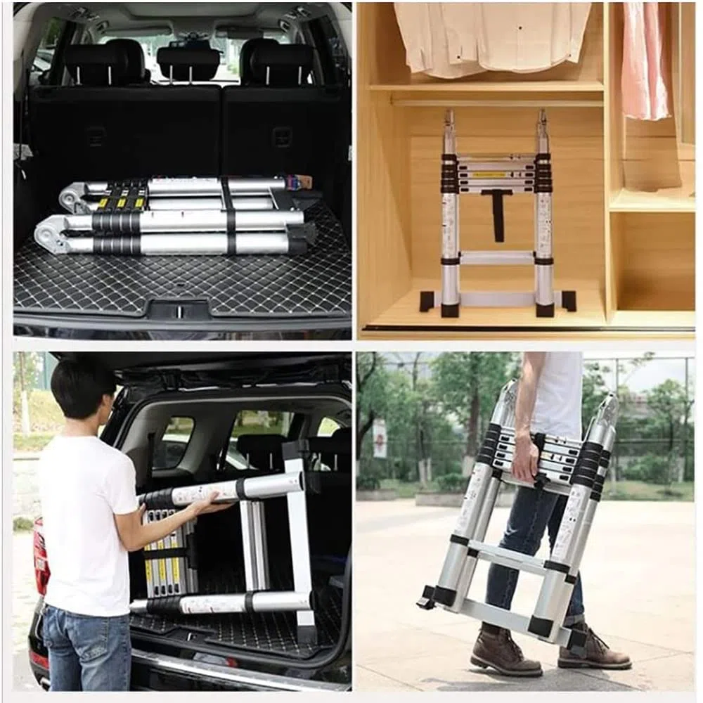 Escaleras Telescópica de 3,8M, Escalera Plegable Portátil con Marco en A, Escaleras Extensibles de Acero Inoxidable, Escalera Antideslizante Multiusos para el Hogar, Capacidad de Carga 330lbs