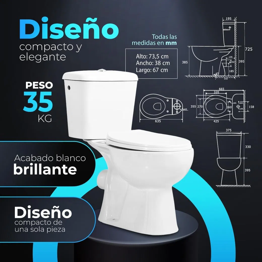 Inodoro Completo - WC Inodoro Completo con Sistema Rimless Antibacterias - Vater Baño con Tapa Dura Extrafina Amortiguada - Inodoro Salida Dual Eficiente con Ahorro de Agua (RIGAH, BIDE)