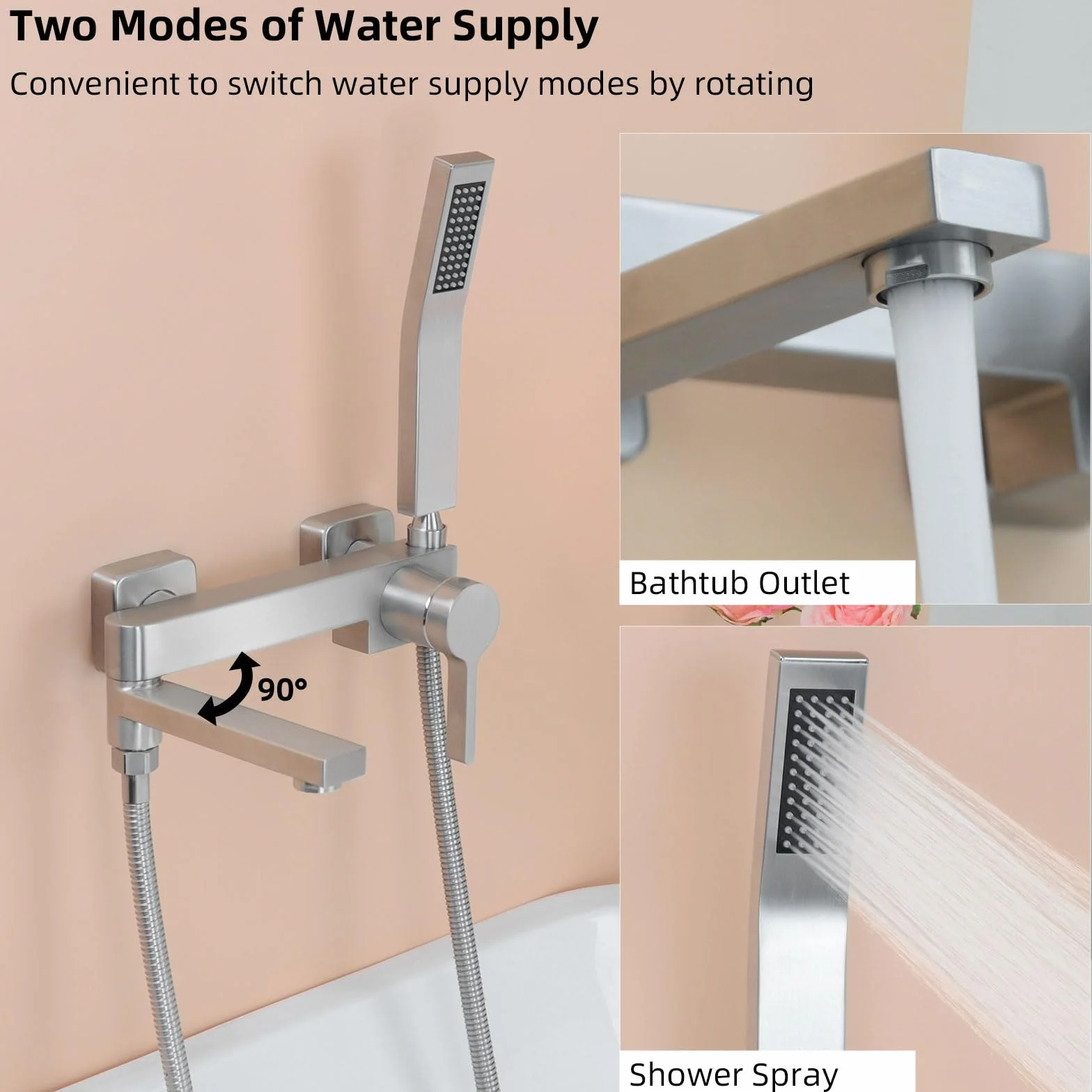 PHASAT Grifo de Bañera con Ducha de Mano, Grifo Mezclador de Bañera de Baño de Acero Inoxidable, Grifo de Pared Monomando de Ducha, Níquel cepillado PTBL17E