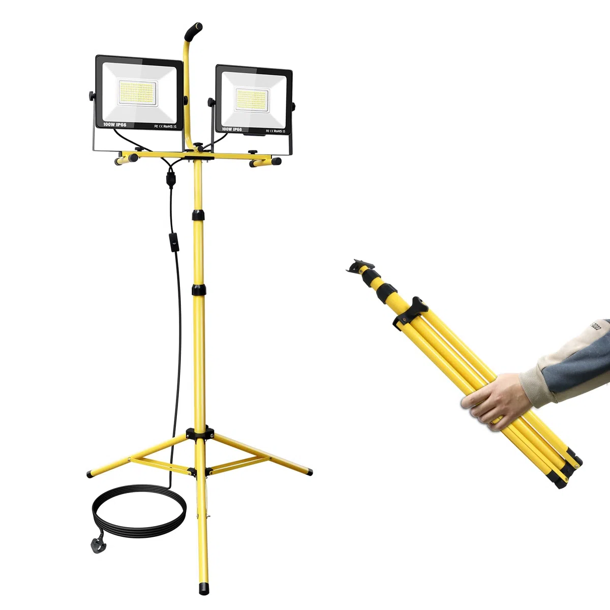 PICAA 200W(2 * 100W) Foco LED con Trípode Telescópico, 6000K Luz de Trabajo Portátil con Enchufe, Interior y Exterior Proyector Led para Taller, Obra de Construcción, Garaje, Jardín