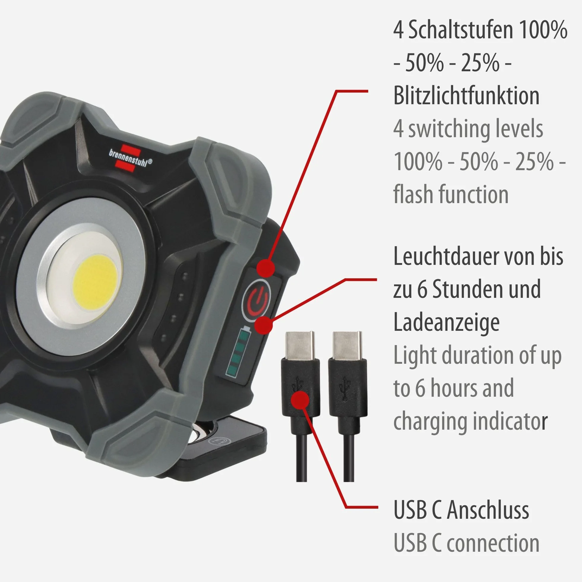 Brennenstuhl Foco LED de trabajo a batería recargable y portátil SH 1000 MAC (1000lm, IP54, Lámpara LED con imán y anilla, carcasa robusta)