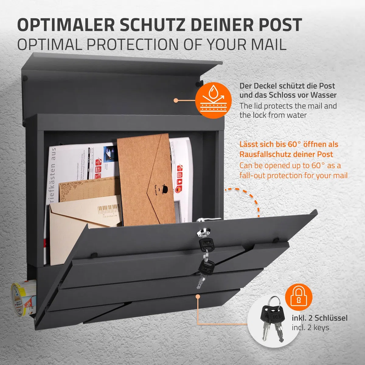 ECD Germany Buzón de Acero Inoxidable Antracita Base Autoportante Exterior con Soporte Poste Antracita Casillero Moderno con Compartimento para Periódicos y Cerradura con 2 Llaves Incluidas