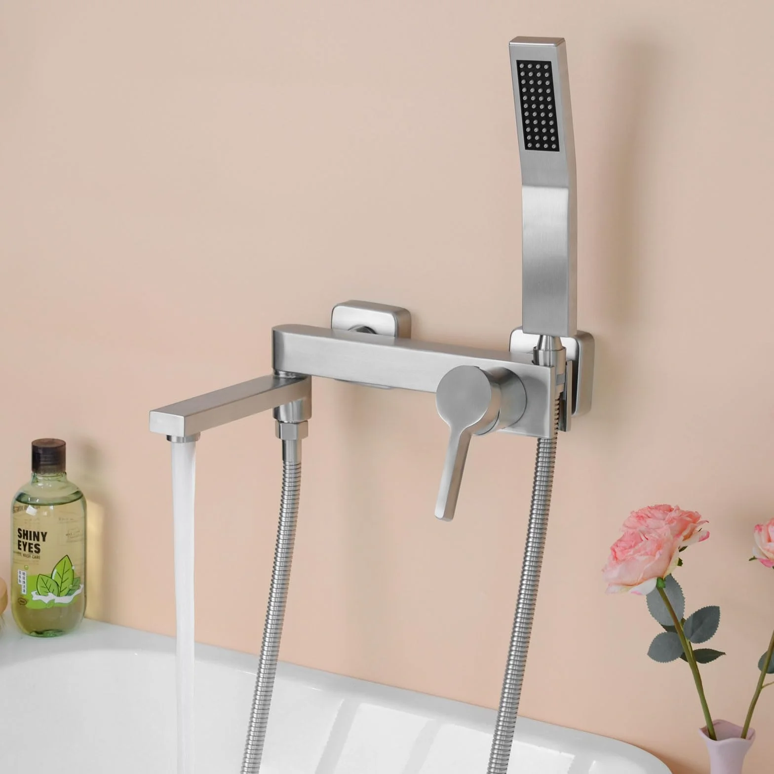 PHASAT Grifo de Bañera con Ducha de Mano, Grifo Mezclador de Bañera de Baño de Acero Inoxidable, Grifo de Pared Monomando de Ducha, Níquel cepillado PTBL17E