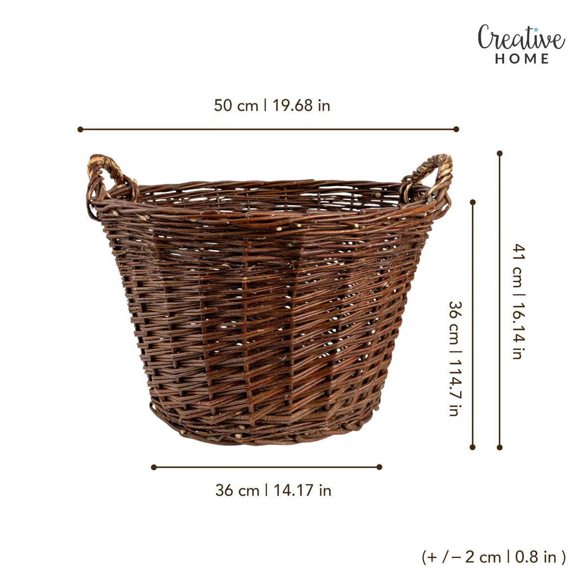 Creative Home Cesta de Mimbre con Asas | Grande 47x33x39cm (+/- 1cm) | Tejida a Mano Duradera | Cesta de Leña Patatas Frutas Setas Juguetes Ropa Sucia Jardín | Sauce Grueso Marrón Natural | Multiuso