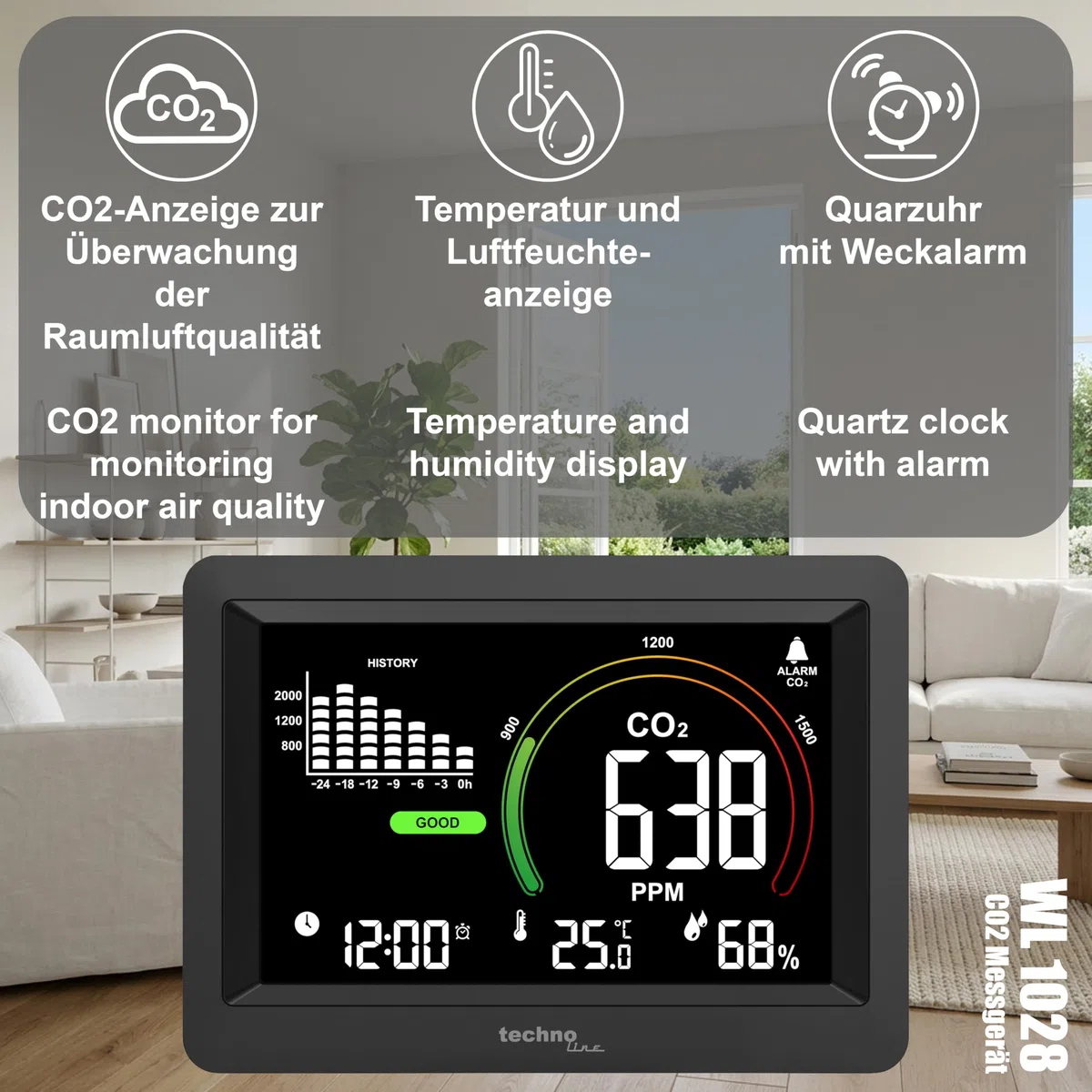Technoline WL1028 Cuchillo Co2, monitoreo de Calidad del Aire Interior, recomendación de ventilación basada en la concentración de CO2 en el Aire, Alarma Ajustable, historial de CO2, para escuelas