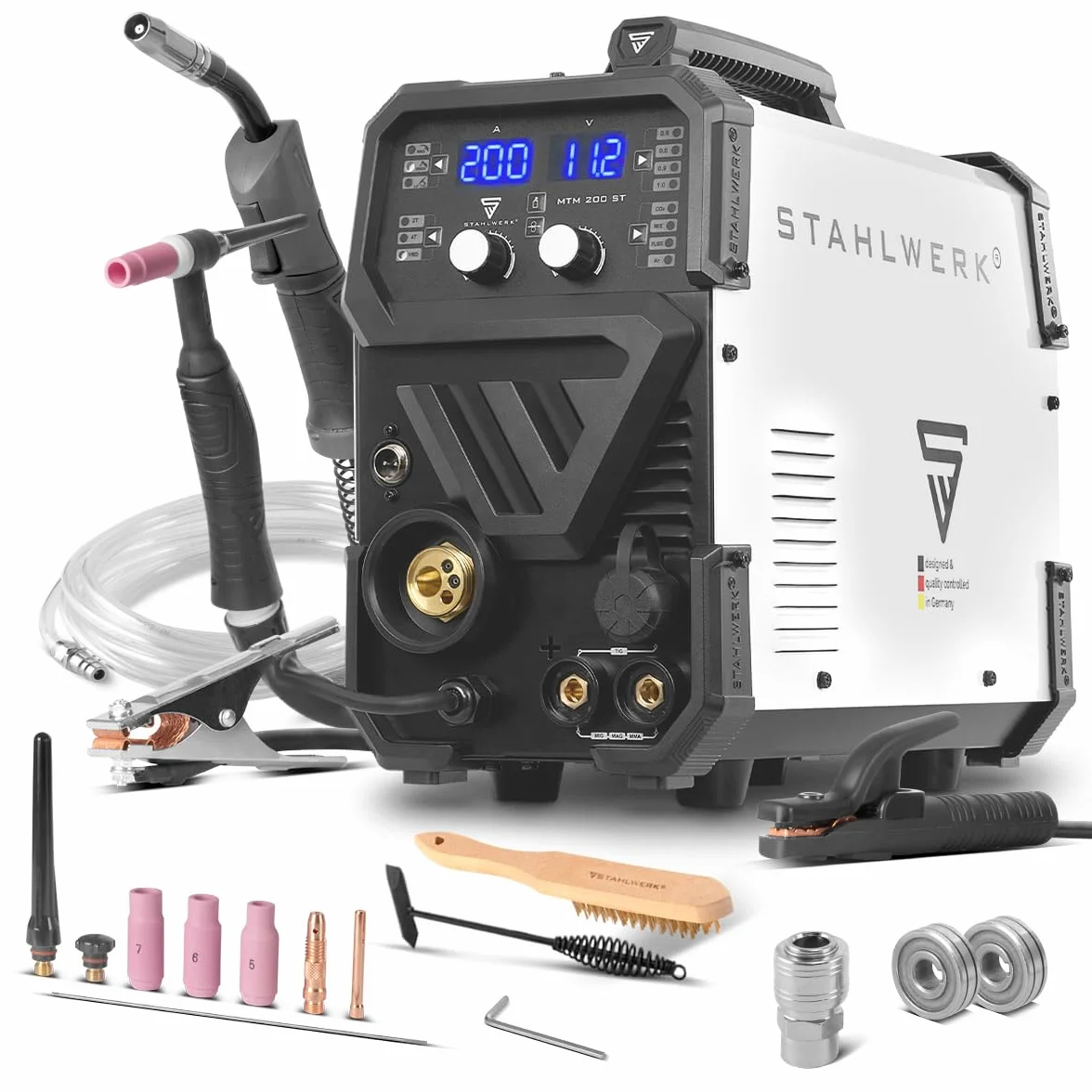 STAHLWERK Soldadora combinada 3 en 1 MTM-200 ST – Inverter combinado para TIG, MIG/MAG, MMA/Electrodo hasta 200 A, hilo sinérgico, 4 rodillos, encendido HF, apto para hilo hueco, acero, chapa fina