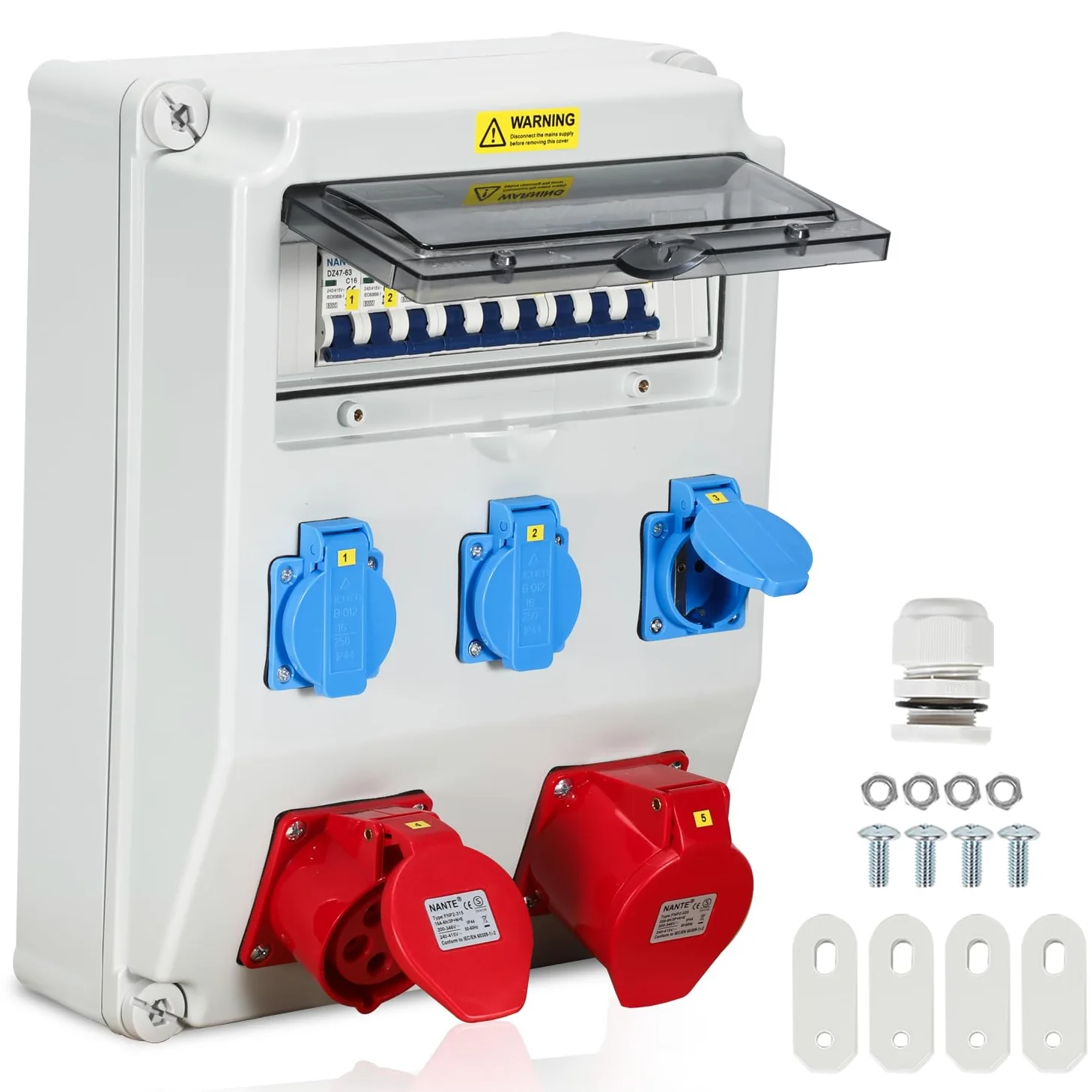 Daromigo Distribuidor de pared con disyuntor de 5 polos con 3 enchufes Schuko y enchufe CEE de 16/32 A, para talleres y fábricas