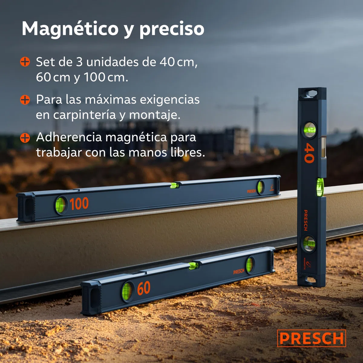 Presch Juego de Niveles Magnéticos 3 pzs. - 40cm, 60cm y 100cm - Ampolla irrompible con pendiente 2% - Ventana de lectura vertical - Tapones antideslizantes innovadores - Niveles de burbuja