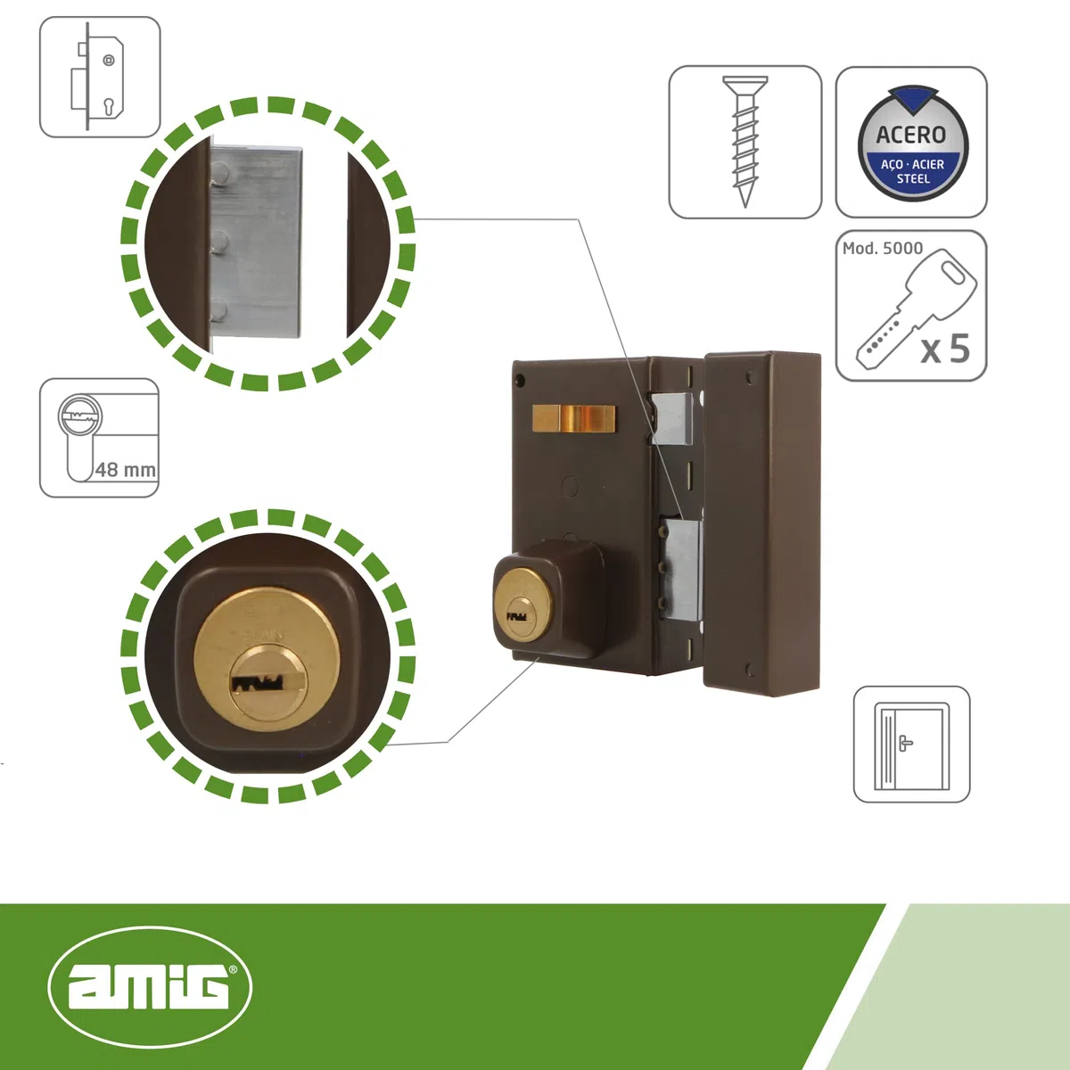 Amig - Cerradura de Sobreponer de Derecha con Palanca de Cierre - Tirador para Puertas de Madera - Mod. 75 67 x 112 mm - Cilindro Redondo de Seguridad - Acero - Marrón