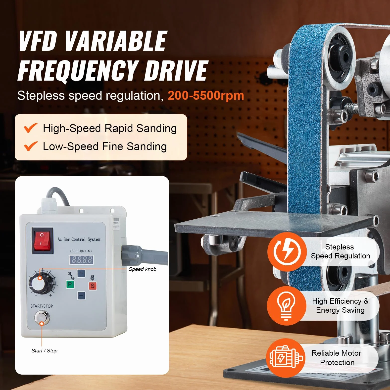 VEVOR Lijadora de Banda, Pulidora de Banda de Velocidad Variable 762 x 25,4 mm con VFD, Pulidora de Banda 550 W con 2 Moldes de Pulido y 3 Bandas de Lijado para Trabajar Metales y Fabricar Cuchillos