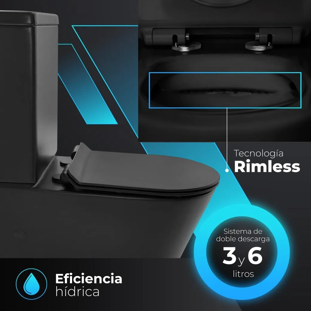 BAÑO MODERNO Inodoro Completo - WC Con Sistema Rimless Antibacterias - Vater Con Tapa Dura Extrafina Amortiguada - Salida Dual - Para Hogar Color Negro - Retrete