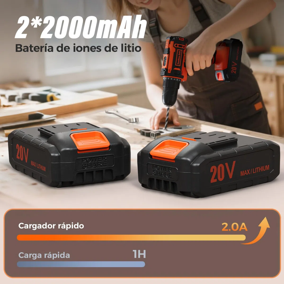 Taladro Atornillador a Batería 20V Inalámbrico, 42Nm Alto Torque, 2 Baterías Recargables 2000mAh, 25+1 Ajustes de Par, 2 Velocidades, Portabrocas 10mm, Luz LED Integrada, Juego 24 Piezas Accesorios