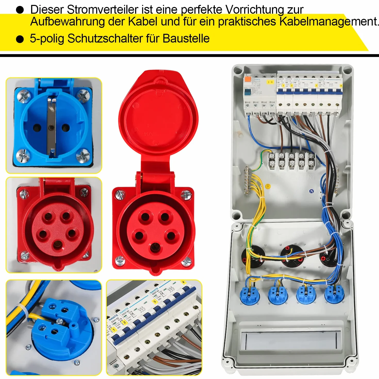 Randaco Distribuidor de pared con disyuntor y distribuidor de corriente FI,5 polos con 4 enchufes Schuko y enchufe CEE de 16/32 A para interior y exterior