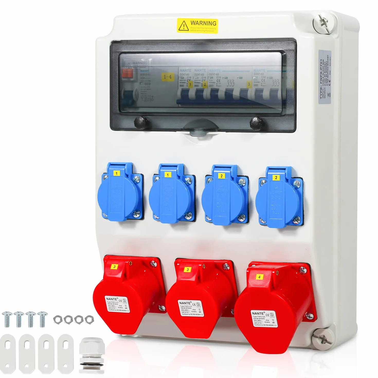 Herrselsam Distribuidor de corriente para construcción con disyuntor y FI, distribuidor de pared de 5 polos con 4 enchufes de protección y enchufes CEE 16/32 A, distribuidor interior y exterior