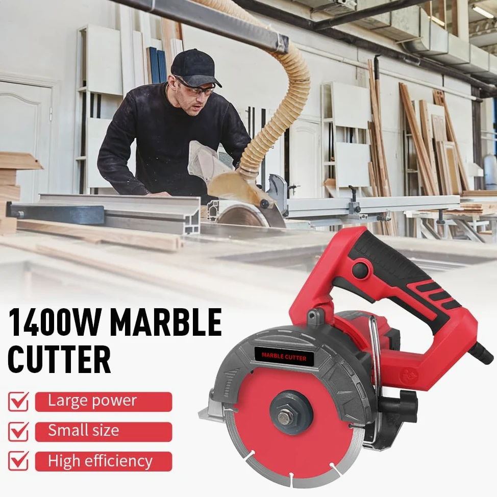 Hancaner Sierra de piedra seca, 1400 W, incl. Ø 110 mm, disco de corte muy resistente, corte de fase de 12800 rev/min y 0-45 grados de mármol, azulejos, cerámica, madera, PVC
