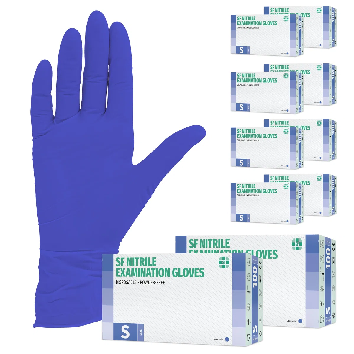 SF Guantes de nitrilo S violetas – 1000 (10x100) unidades, guantes desechables sin polvo, sin látex, médicos y de examen, aptos para cocina, limpieza, cosmética y uso doméstico