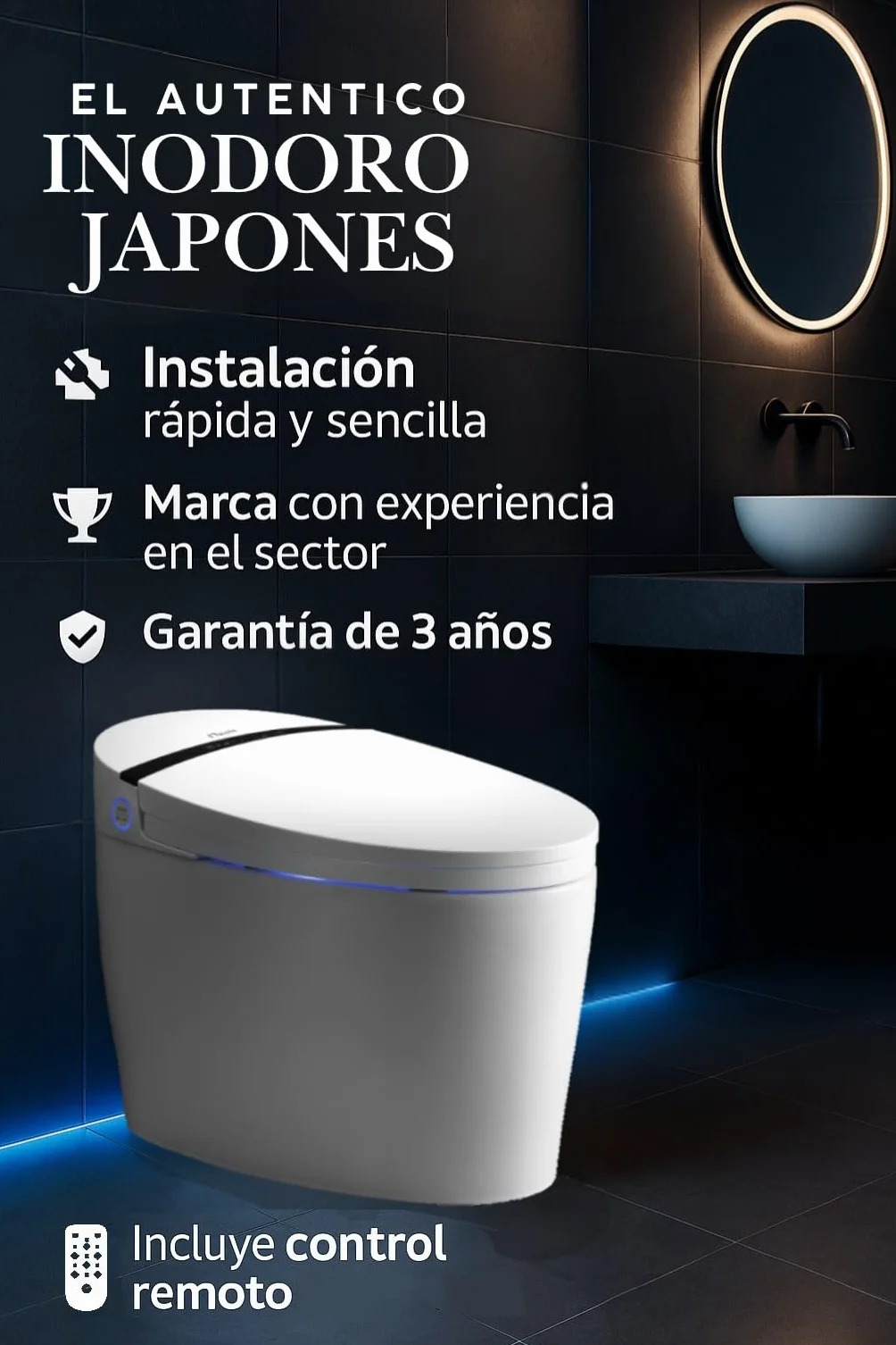 Nashi - Inodoro Japonés Salida Dual Suelo o Pared | Inodoro Bidet | Asiento Calefactable, Limpieza con Agua Caliente y Secado | Luces LED | Mando a Distancia | WC Inteligente (Aldara NEW)