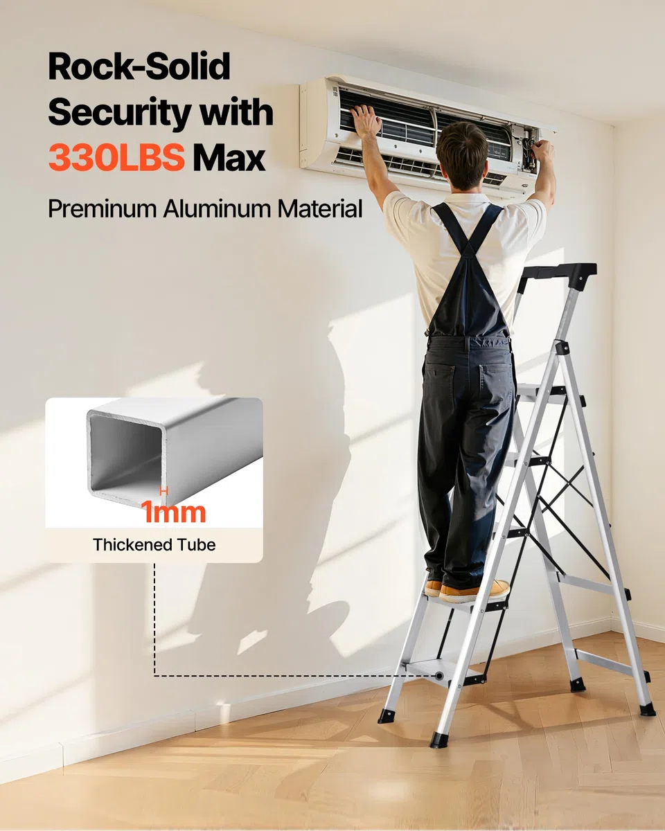 VEVOR Escalera de Aluminio Plegable 5 Peldaños, Escalera de Tijera con Pedal Antideslizante y Empuñadura Cómoda, Capacidad de 150 kg, Taburete Multifuncional para Cocina, Almacén, Hogar, Oficina